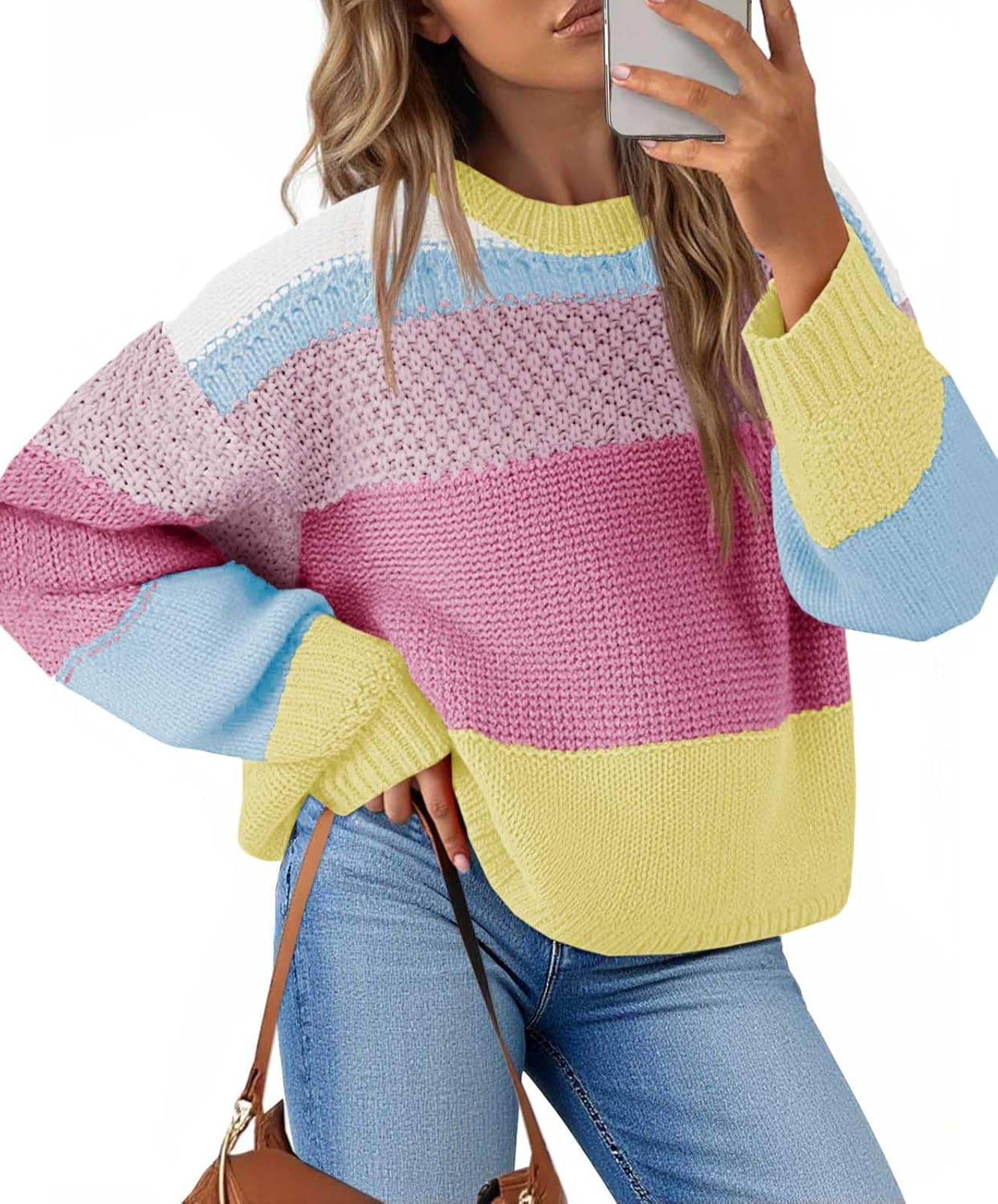 Saodimallsu Womens Color Block Cropped Sweaters 2025 Winter Trendy Casual Oversized Y2k Going Out Striped Pullover Tops