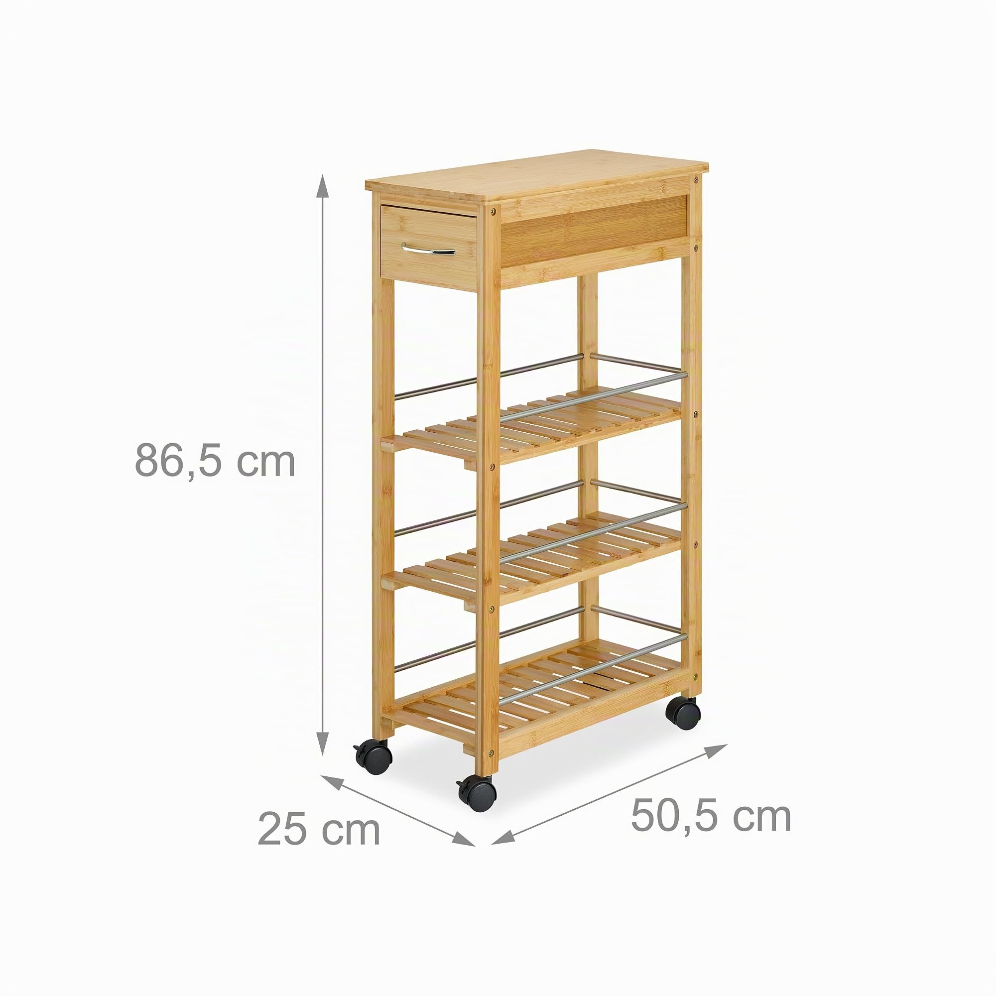 Relaxdays Carrello da Cucina con Ruote, 3 Ripiani e Cassetto, Carrellino Portaoggetti, HLP: 86,5 x 25 x 50,5 cm, bambù