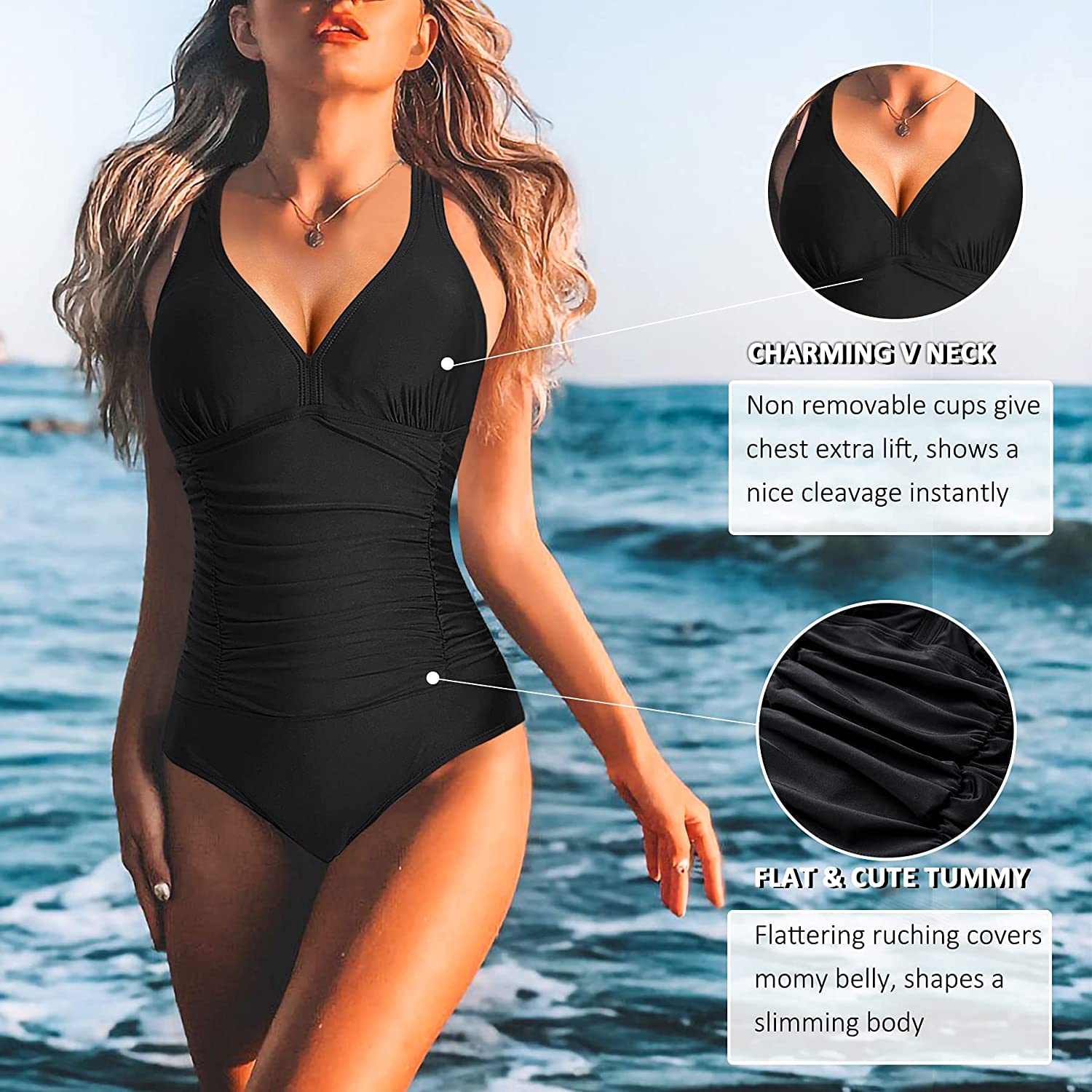 Femme Maillot de Bain Une pièce Plongeant Col V Monokin Contrôle Ventre Body Amincissante Gainant Dos croisé