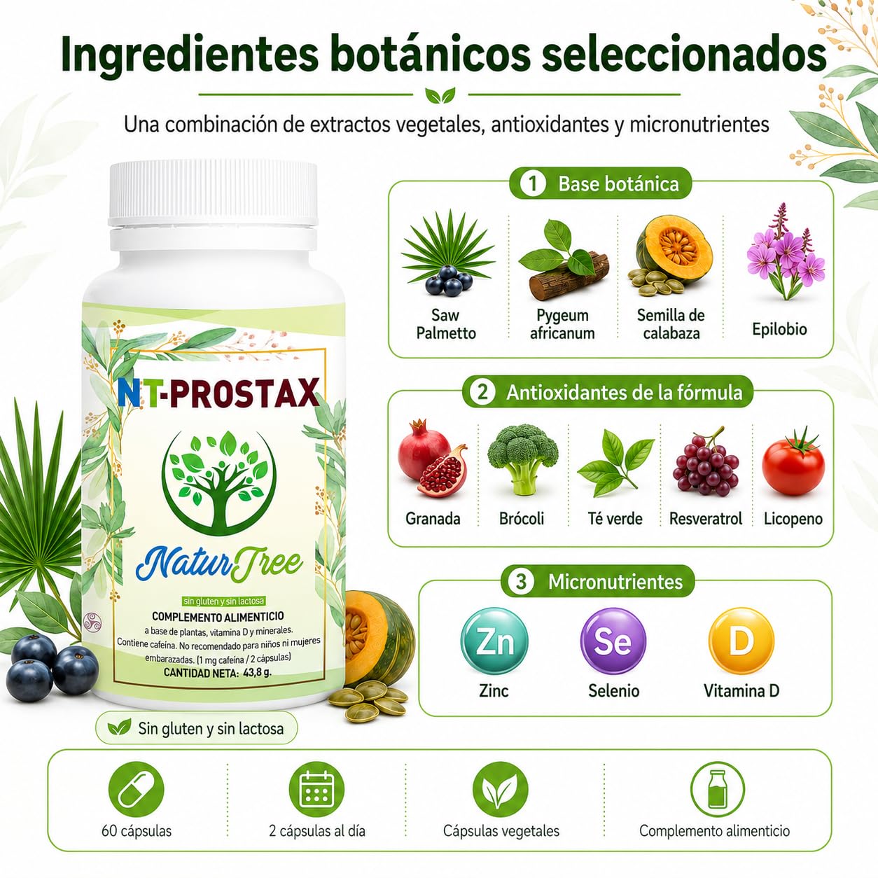 NT-Prostax | Saw Palmetto, Pygeum y Epilobio | Próstata 60 caps | Zinc, selenio, ortiga, calabaza y extractos vegetales para hombres adultos 40+