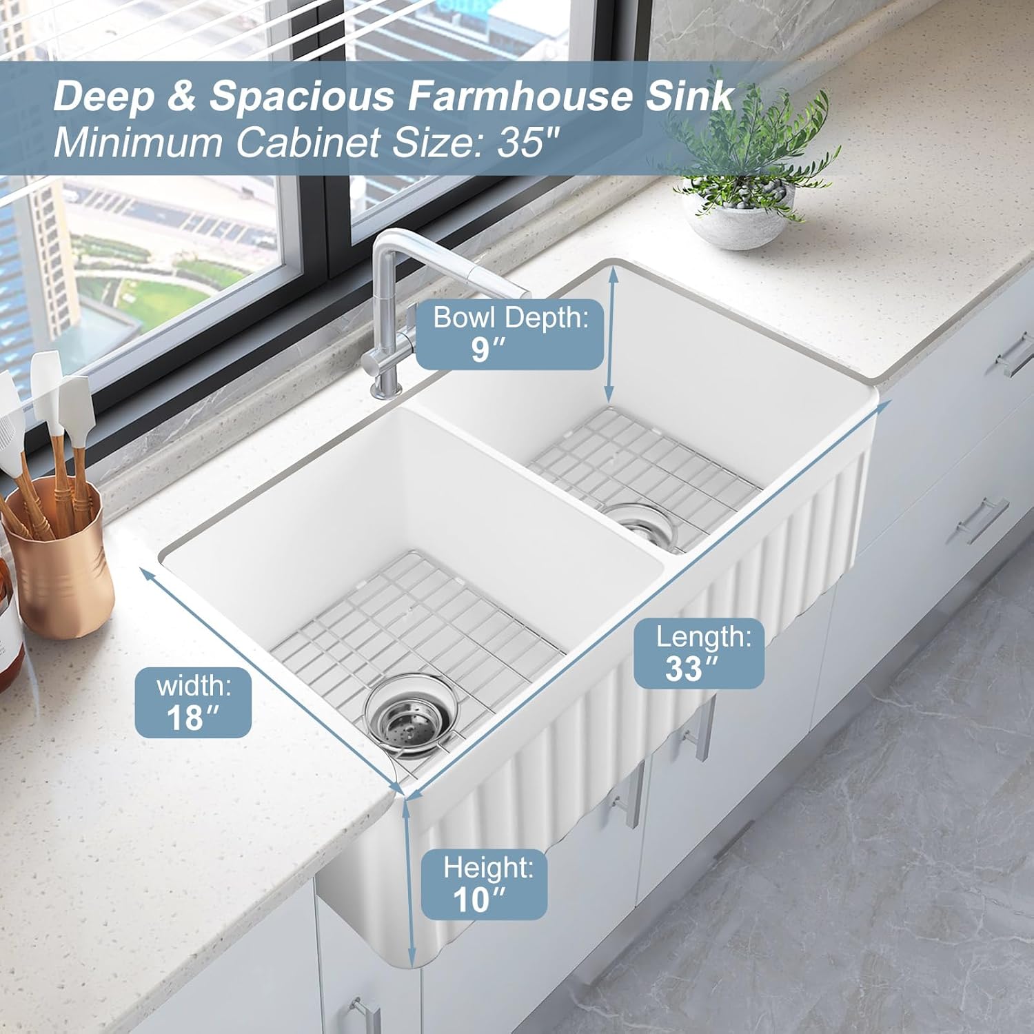 HOROW HRSW Farmhouse Kitchen Sink, 33-inch Double Bowl Sink with Bottom Grid and Strainer,Large Apron-front Ceramic Porcelain Sink Basin, 18"D x 33"W x 10"H, White