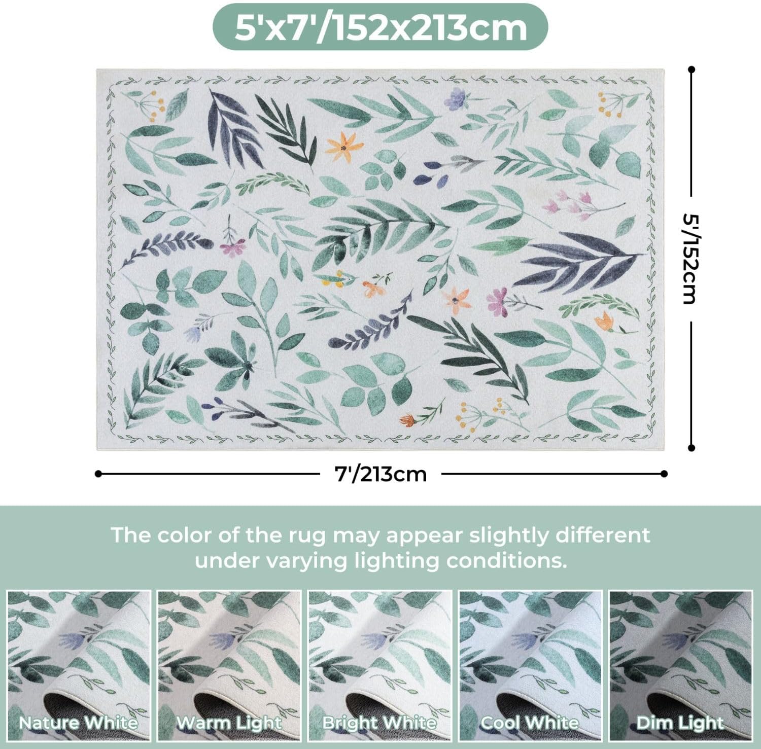 5x7 Area Rugs, Washable Floral Boho Rugs, Non Slip Low Pile Ultra-Thin Carpet, Indoor Door Mat for Living Room, Kids Playroom, Bedroom, Girls Dorm, Nursery (Green Leafy)