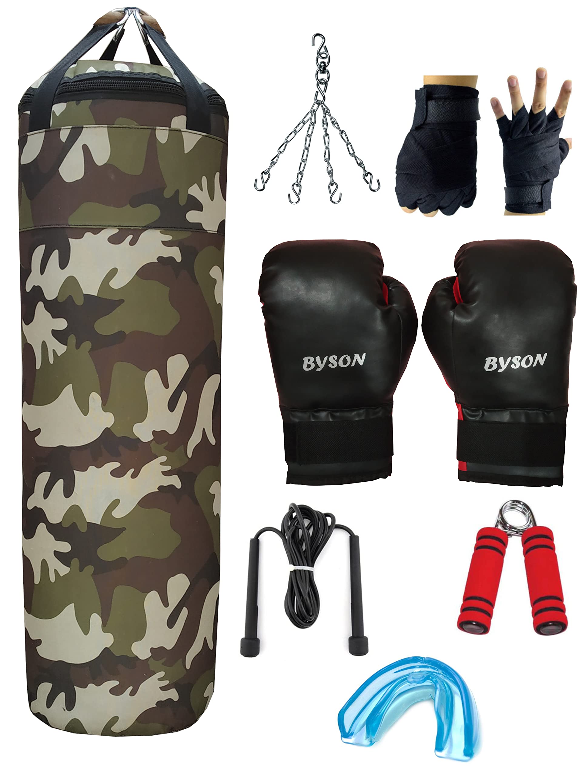 Byson Camouflage Tough Boxing Kit Set for Mens and Seniors Level (36inch Synthetic Leather Punching Bag, Chain, Hand Wrap Gloves and 14oz Boxing Gloves,Skiping Rope, Hand Grip,Mouthguard) Heavy Bag (B07SHMBDD8) Amazon Price History, Amazon Price Tracker