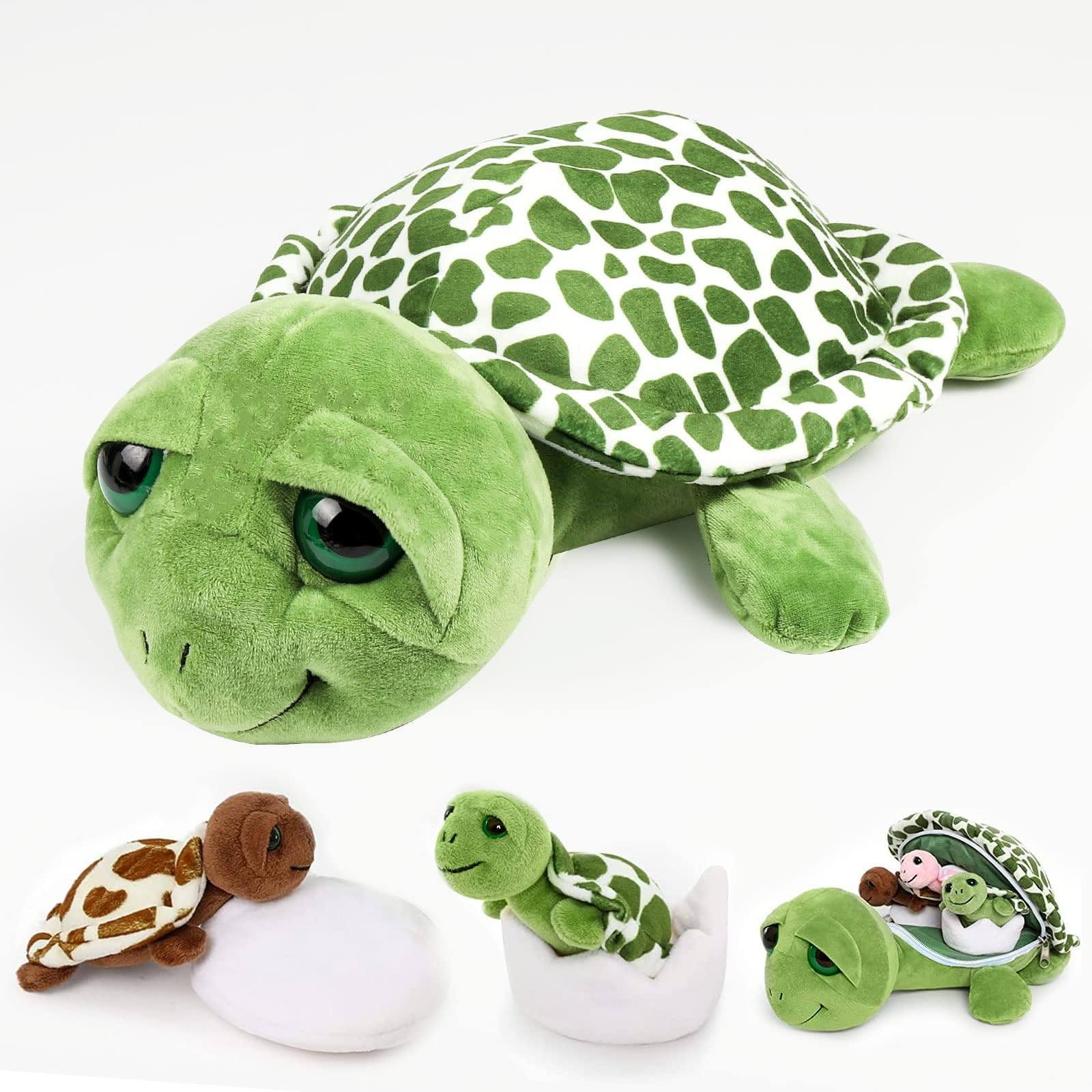 Corgi Butt 14'' Green Turtle Plush With 3 Baby Toys, Big Eyes, Soft Stuffed Sea Animals Gift for Children, Friends, Lover