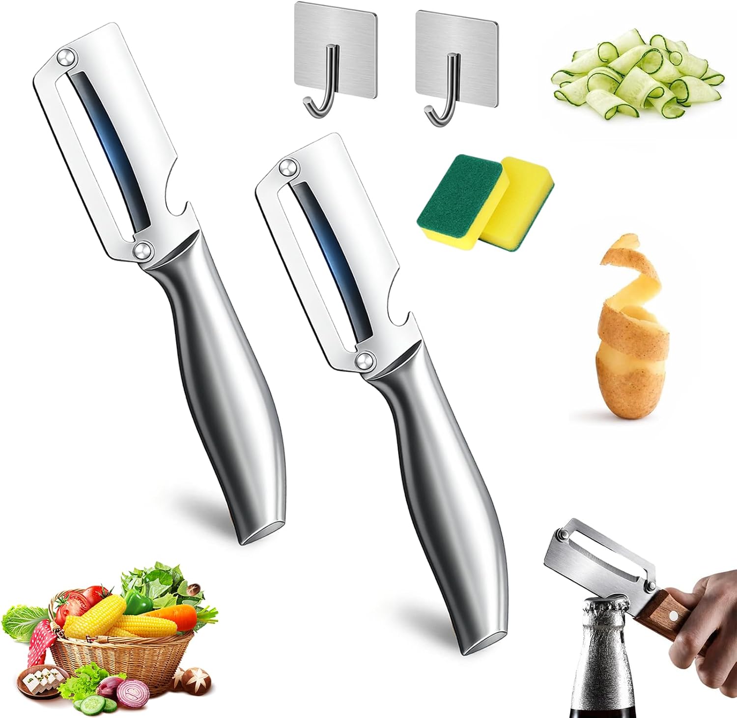 Multi-Functional Vegetable Peeler for Kitchen 2-in-1 Stainless Steel Julienne Peeler with Wooden Handle and Bottle Opener Easy Veg Peelers for Potato Apple Carrot & Fruit 2 x Steel
