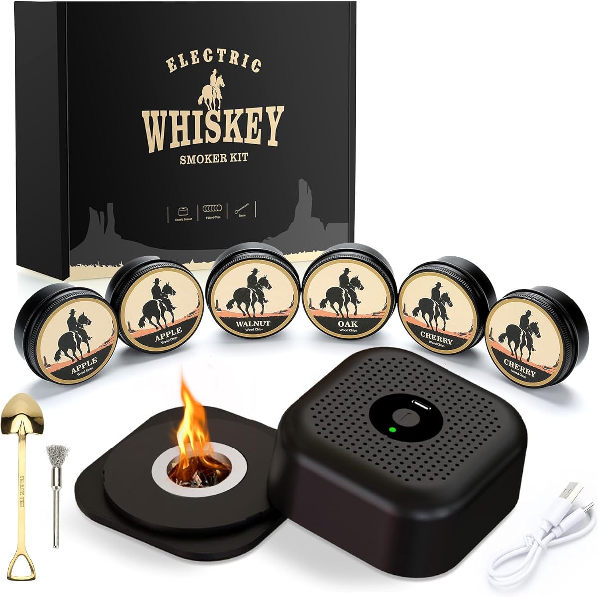 Electric Whiskey Smoker Kit, Rechargeable Cocktail Smoker Kit, Old Fashioned Drink Smoker Set with 6 Wood Chips No Butane Needed, Bourbon Whiskey Gifts for Men Husband Groomsmen Gifts for Fathers Day