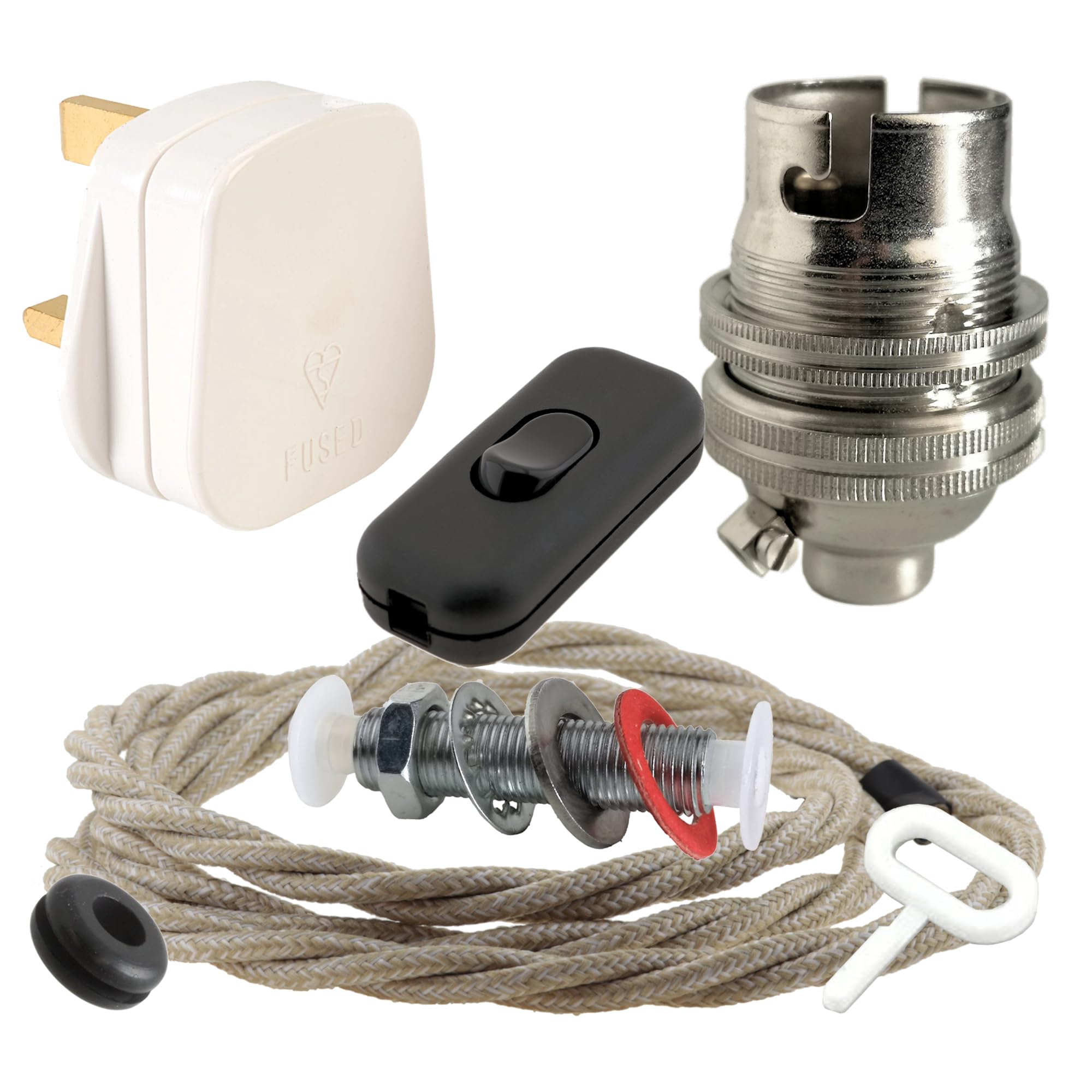 Art Deco Emporium Lamp Repair and Servicing Kit|White Plug|Linen Flex|Black Switch|B22 Chrome Finish Lamp Holder