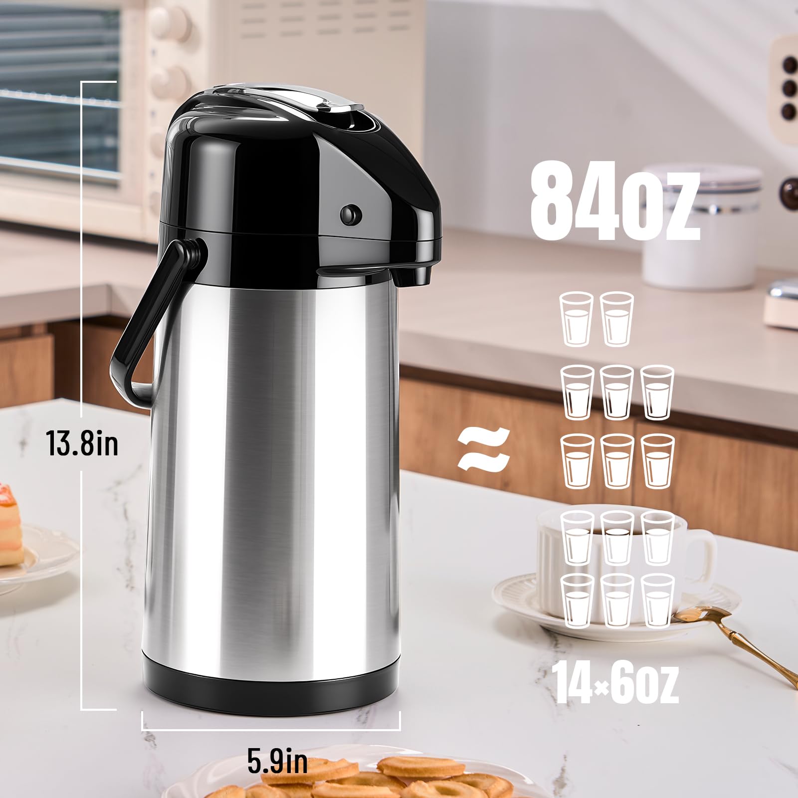PARACITY Botella de agua de café Airpot mejorada con doble bomba de 84 onzas/2.5 L, dispensador de bebidas de acero inoxidable para bebidas calientes/frías, base Lazy Susan, termos para café para