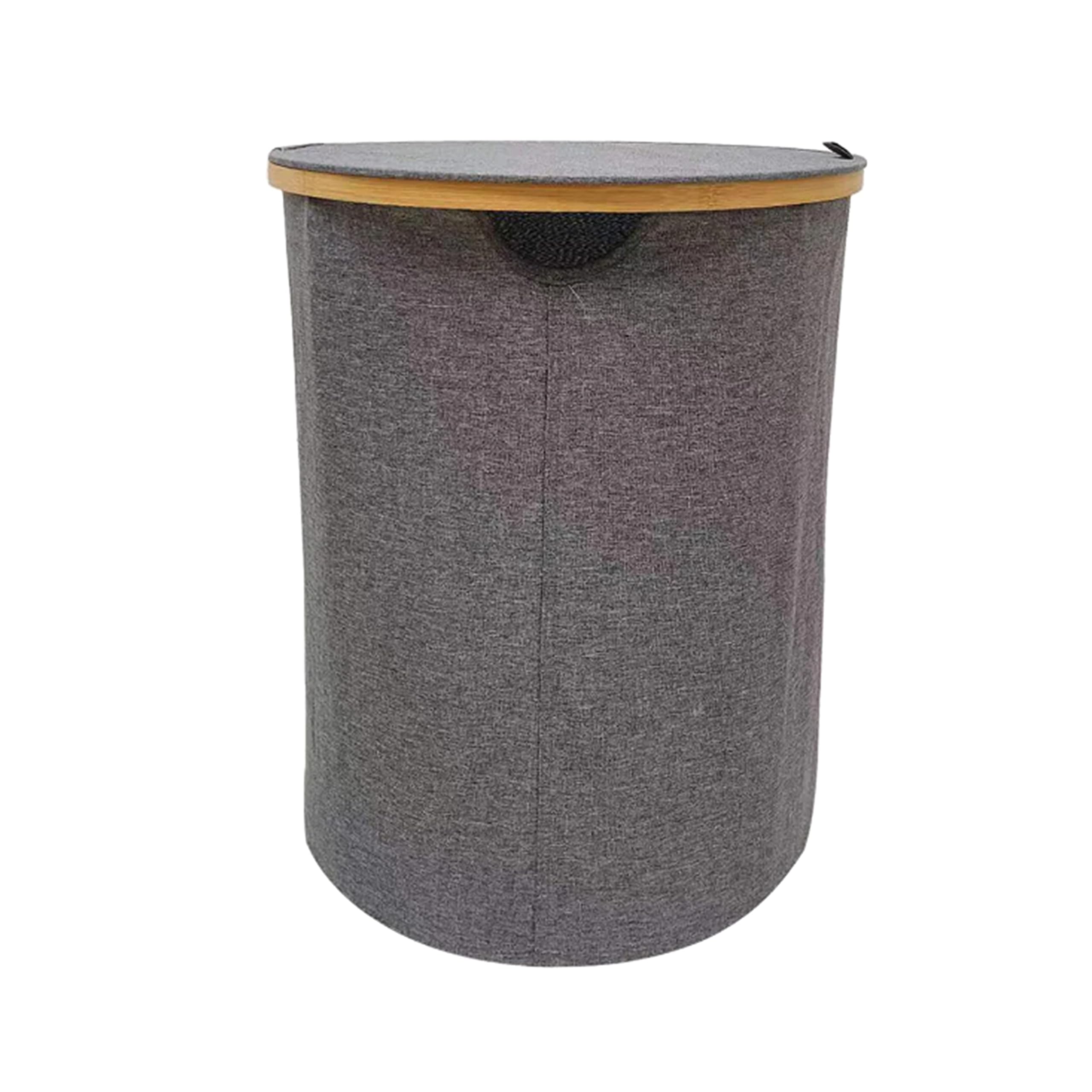 Amos Eezy Grey Round Laundry Basket with Lid - 100L Large - Bamboo/Cotton