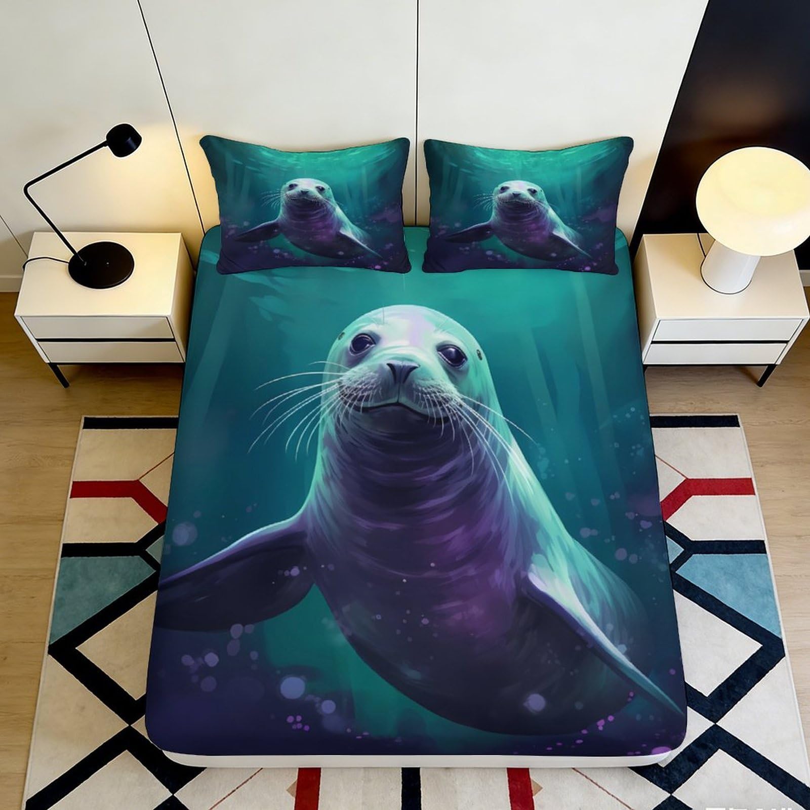 3D Printed Ocean Seal Fitted Sheet Microfiber Soft Breathable Underwater Wildlife Mattress Cover for Bedroom Guestroom Decor 90x200x25cm