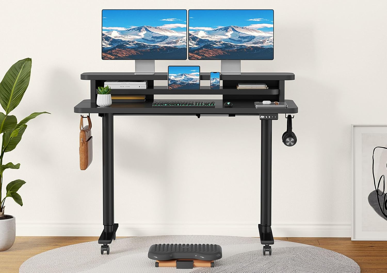 Flycity Electric Standing Desk with Dual Monitor Stand, Height Adjustable Desk Sit Stand Desk with Memory Controller, Casters & 2 Hooks, Low Noise Home Office Desk (Black, 48" x 24")