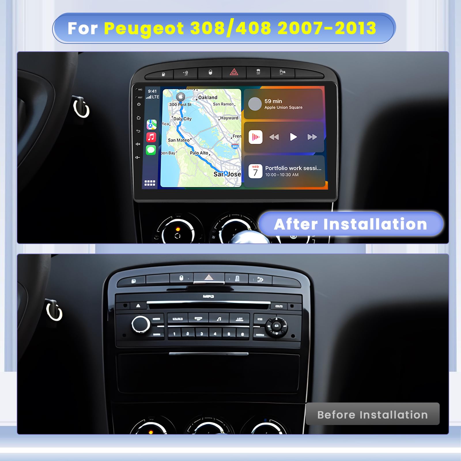 Autoradio Android 4+64GB Per Peugeot 308/408 (2007-2015) – 9 Pollici Touch IPS – Wireless Carplay, Android Auto, GPS, Bluetooth, Telecamera Posteriore