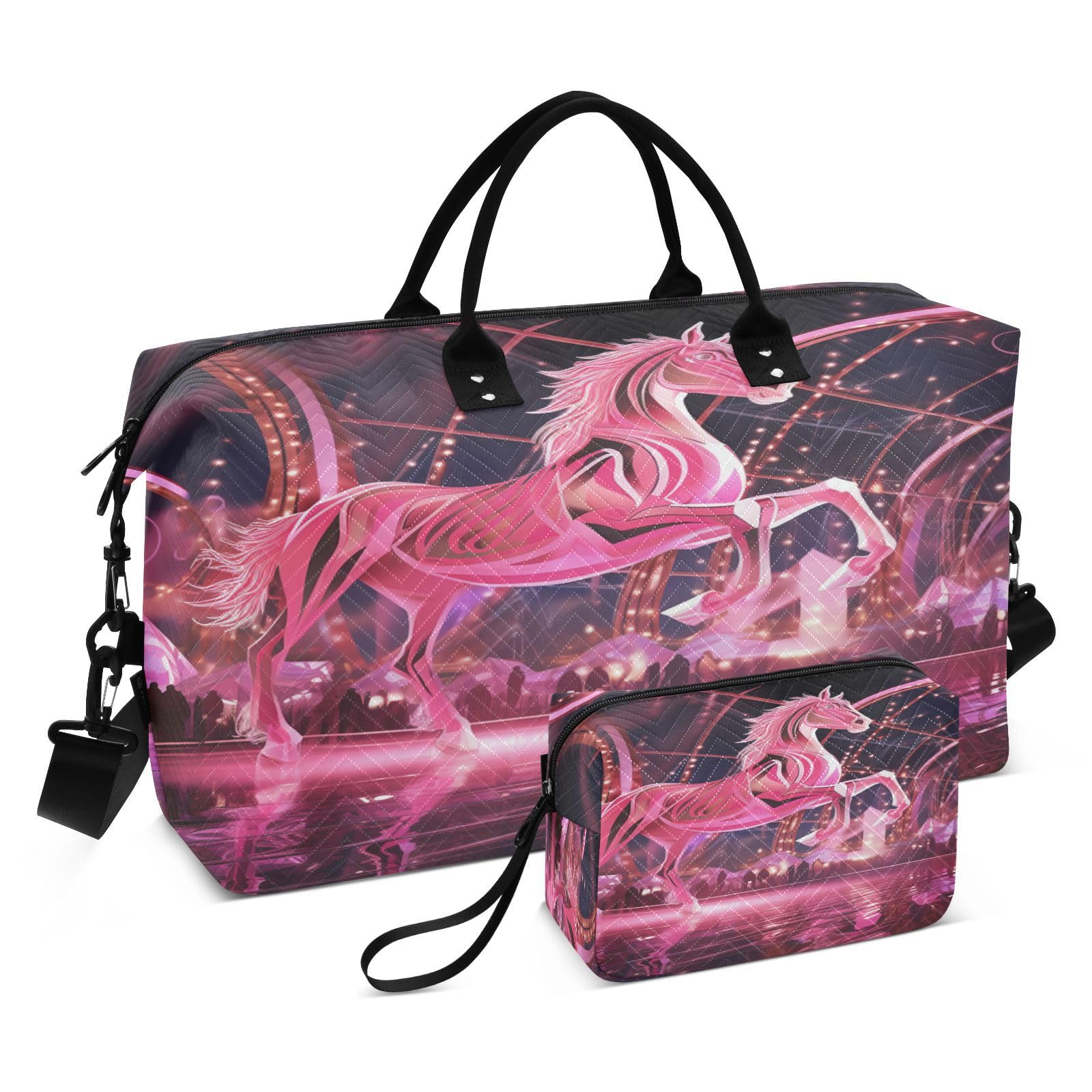 Pink Space Horse Sports Swim Gym Bag Weekender Duffel Travel Bags Handbag with Makeup Storage Bag for Girls Men