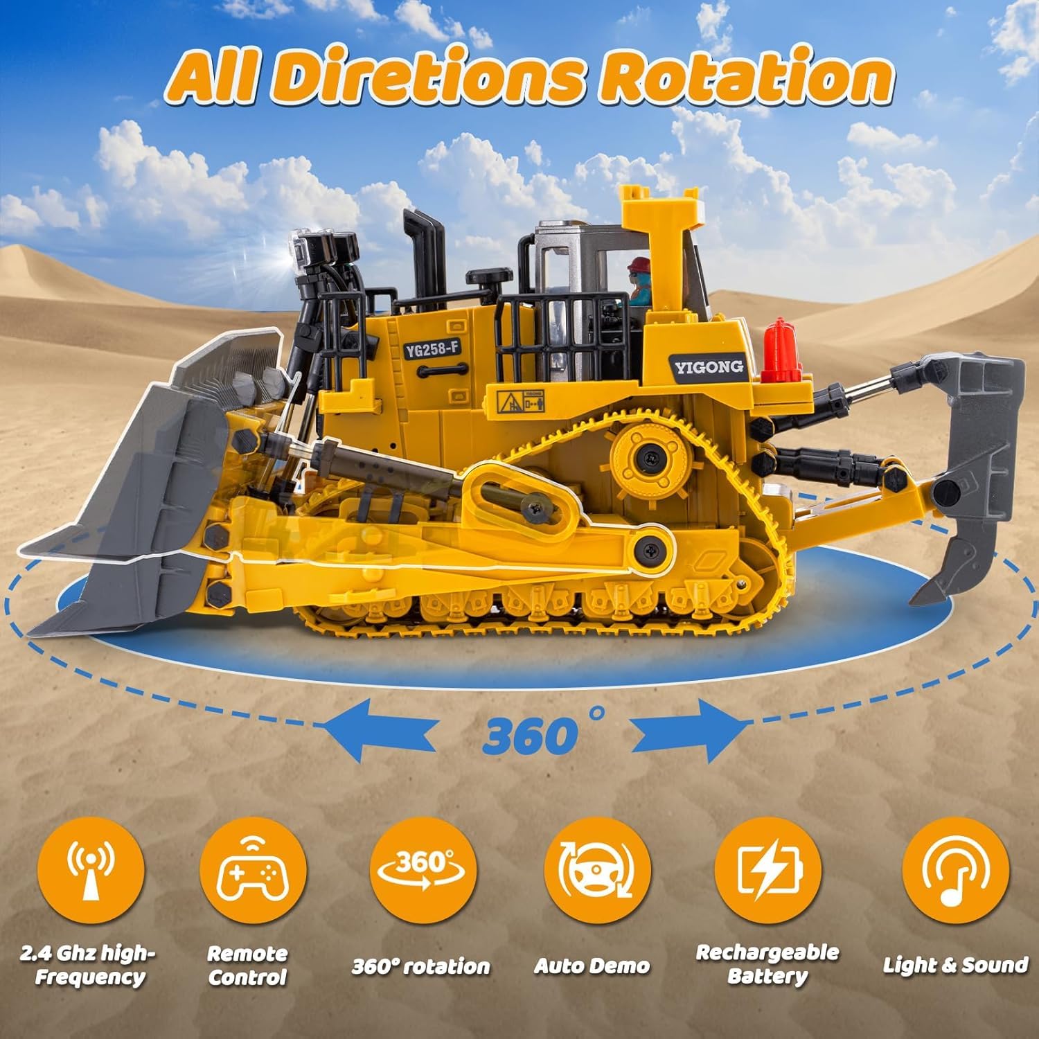 CROPDAK Rc Bulldozer Toys for Boys,Construction Remote Control Bulldozer with Metal bulldozing Shovel Lights/Sounds for Kids Boys 2