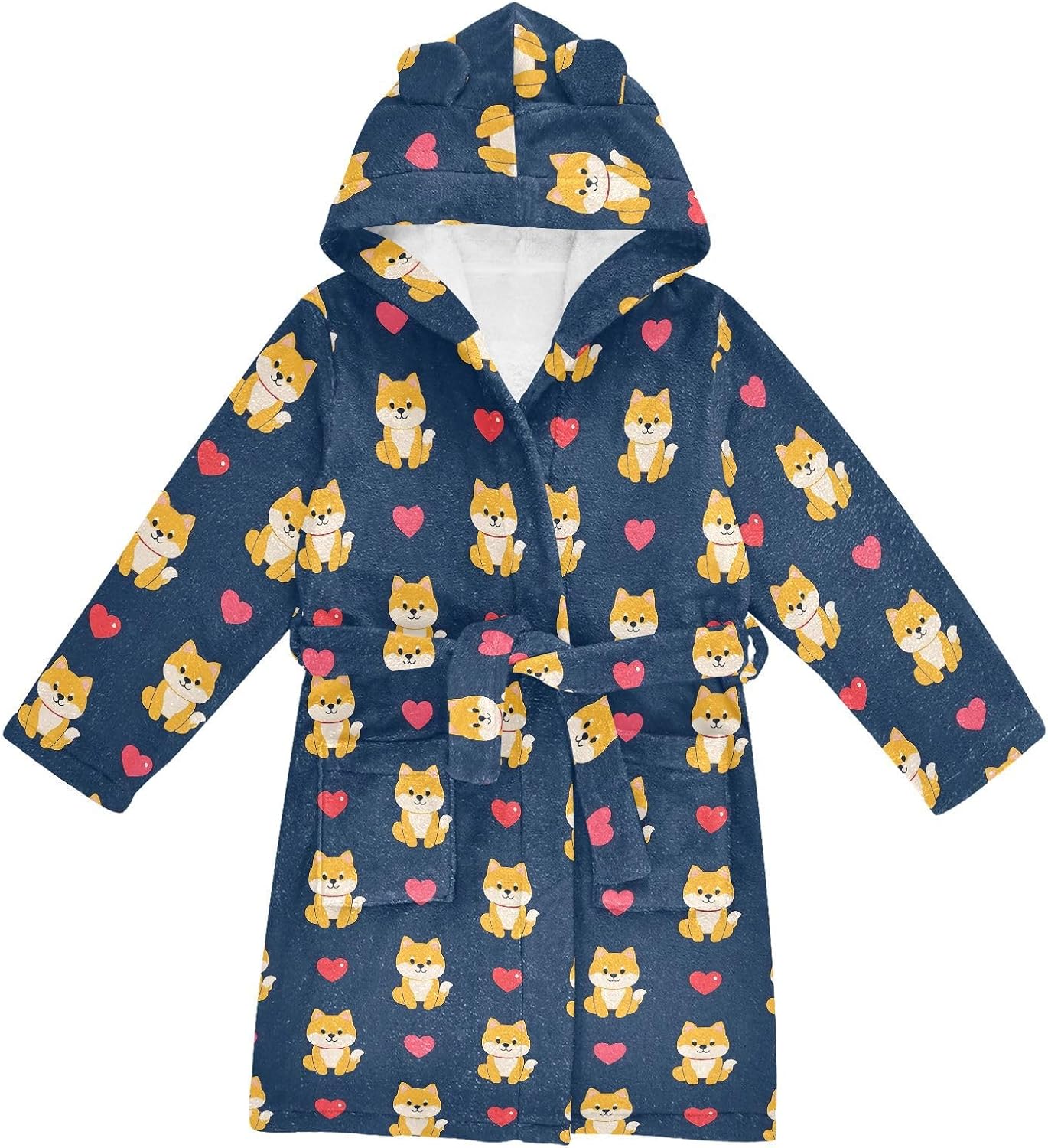 senya Cute Corgi Heart Toddler Hooded Bathrobe Kids Soft Plush Bath Towel Robes for Boys Girls 2-12 Years