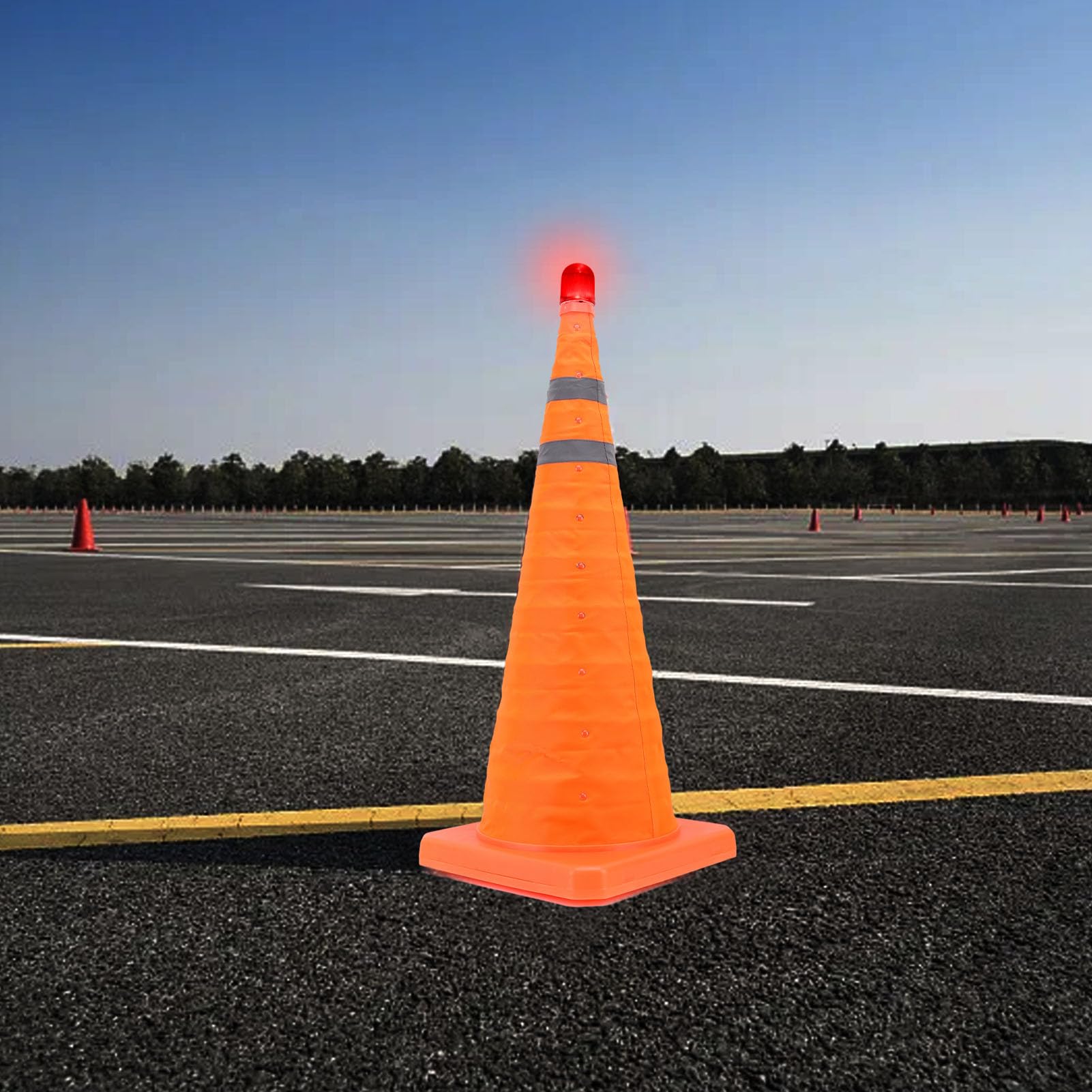 Natudeco 70 Cm Foldable Safety Cone Reflective Traffic Cone Orange Road Cone with Dual Reflective Collar and Warning Light for Home Road Parking