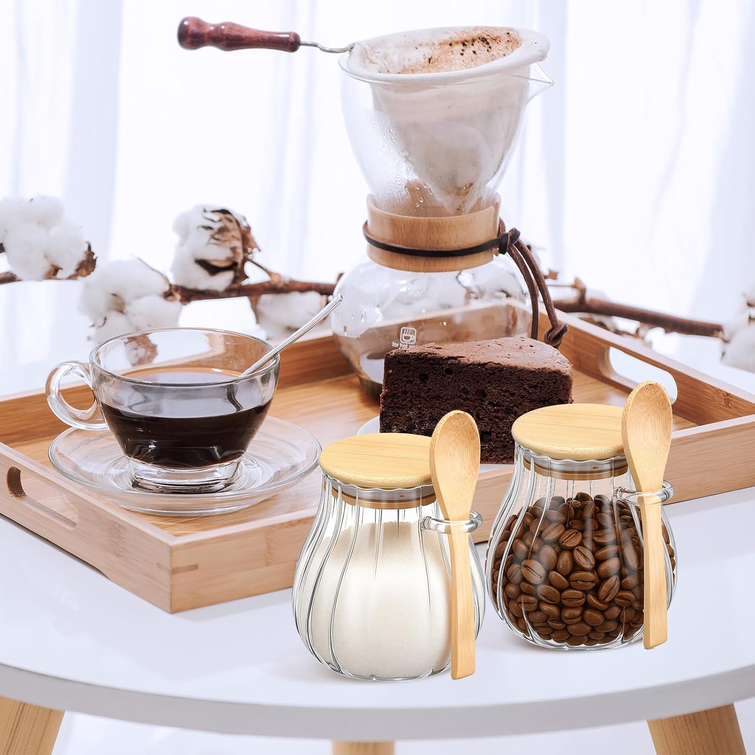 Willinglong Clear 4 Pack Coffee and Sugar Container Set with Bamboo Lid Spoon 15 oz Glass Canister Jar with Airtight Lid for Brown Sugar Tea Keeper Storage Container for Kitchen Office Coffee Bar