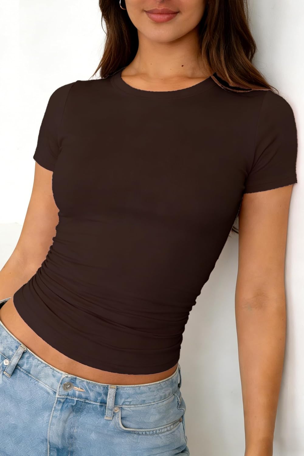 ForeFair Womens Casual T Shirts Summer Tops Short Sleeve Going Out Crop Tops Crew Neck Slim Fitted Basic Ruched Tee - Image 5