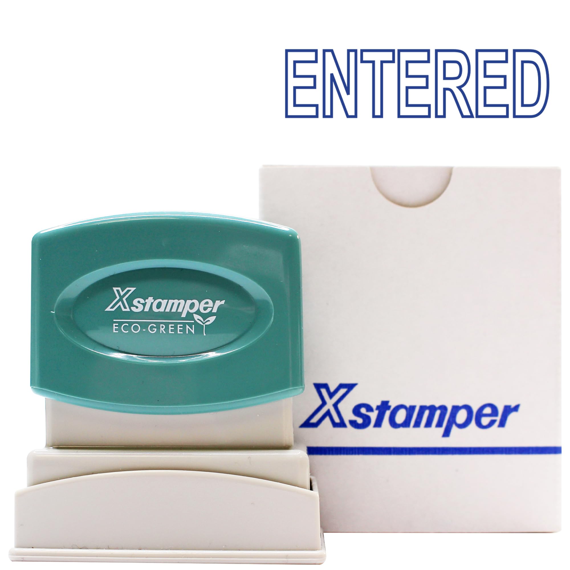 Xstamper Ink Stamp, Entered. Blue Ink (Impression Size: 13 x 42mm). Pre-Inked Stamper for Office or Business Use