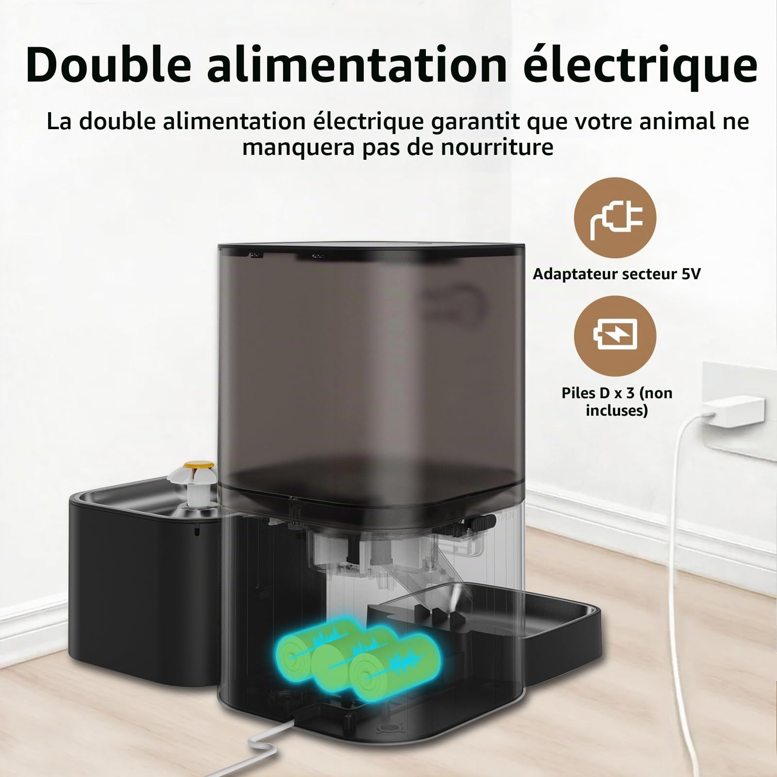 Distributeur automatique de nourriture et d'eau 2 en 1 pour chat - Grand volume - 6 litres - Distributeur d'eau de 2,5 litres avec contrôle par application - Enregistrement vocal - Alimentation