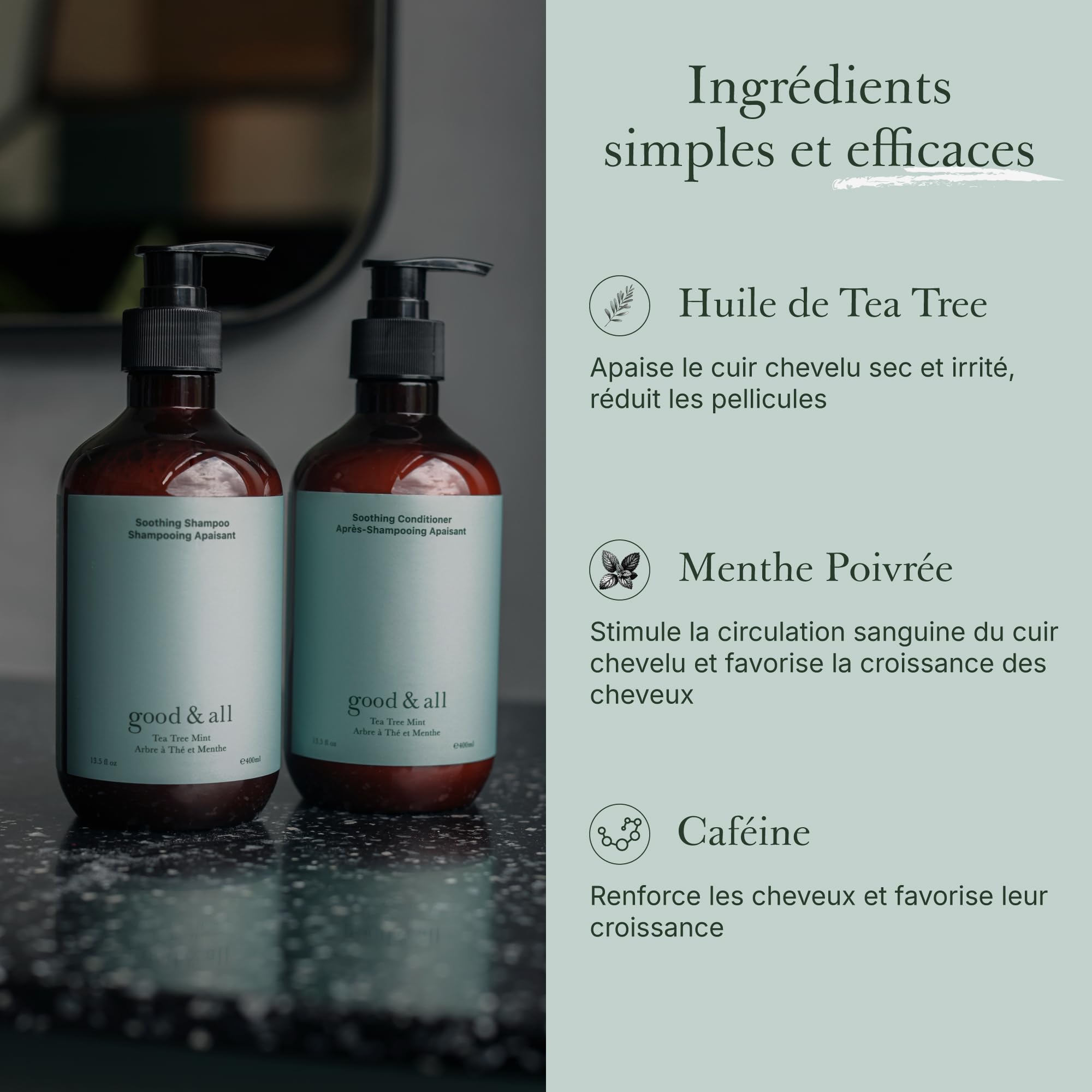 Good&All Shampooing et Après-Shampooing Anti-Démangeaisons, Cuirs Chevelus Irrité, Sec & Sensibles - Arbre à Thé, Menthe Poivrée - Sans Sulfate, Silicone, Paraben, Parfum - 400ml