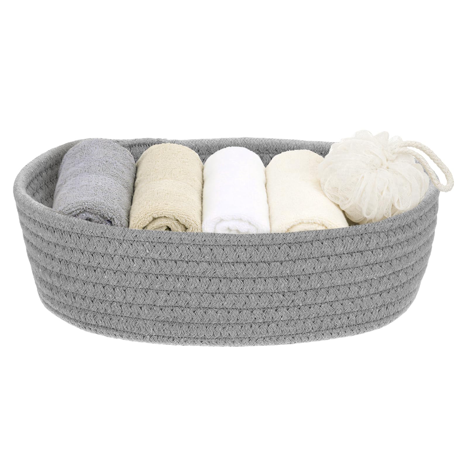 sourcing map Gray Small Cotton Rope Woven Storage Basket, Cute Mini Tiny Oval Organization Storage Bins Shelf Closet for Nursery Living Room Bedroom Shelf, Empty Gift Baskets, 10.2x3.2"