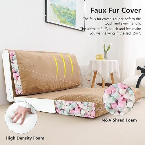 Miniatura 6 de N&amp;V Colchón plegable para sofá, puf, relleno de espuma, incluye funda extraíble y lavable a máquina, piel sintética suave (marrón)