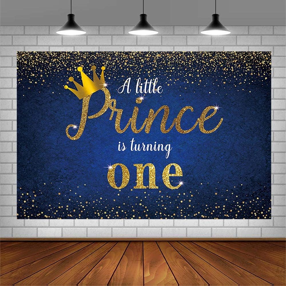 SENDY 8x6ft Prince 1st Birthday Backdrop A Little Prince is Turning One Party Decorations Supplies for Boy Gold Crown Glitter Star Royal Blue Banner Photography Background Cake Table Photo Booth Props