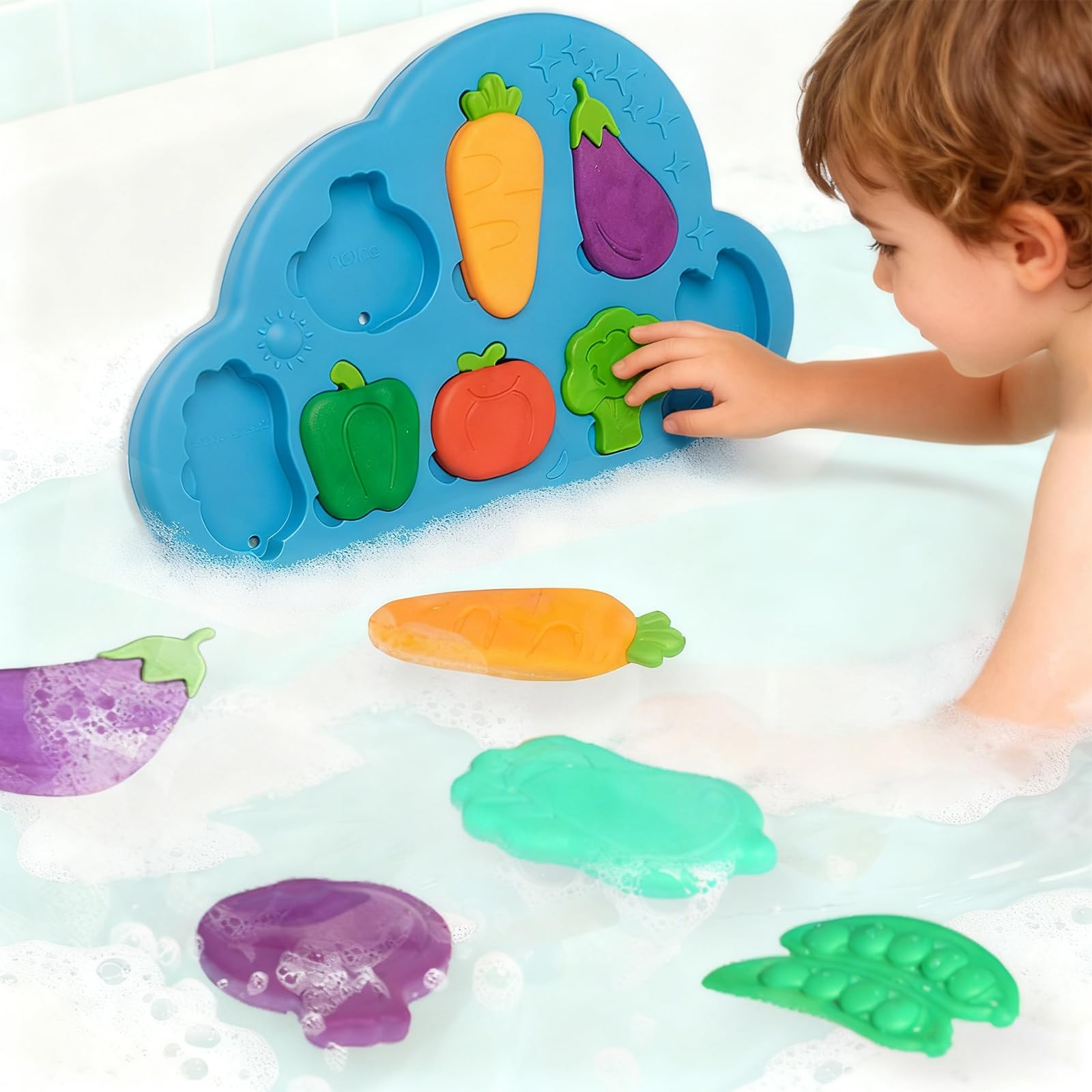 Baby Badespielzeug ab 1 Jahr, 8PCS Silikon Gemüse Montessori Spielzeug ab 1 Jahr, Baby Wasserspielzeug für Badewanne Schwimmspielzeug ab 1 2 3 Jahre Jungen und Mädchen Kinder