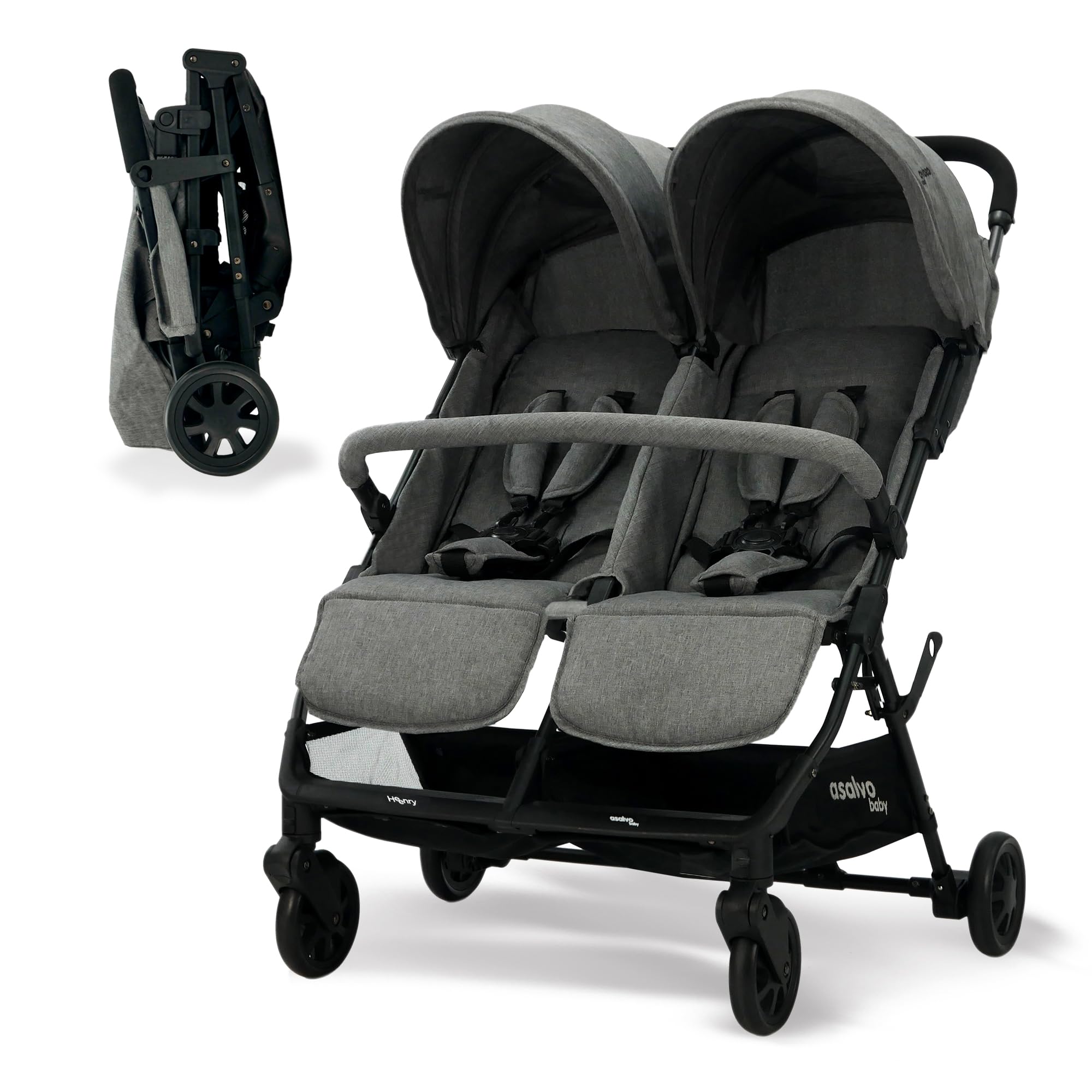 Silla de Paseo Doble para Gemelos o Hermanos, Ligera, Reclinable y Plegable con Capotas y Freno Trasero – Asalvo DOUBLE HENRY Gris