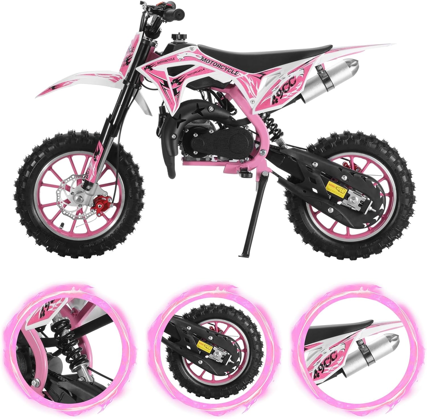 49CC Upgrade Mini Dirt Bike for Kid,2-Stroke Off Road Gas Power Motocross,Off-Road Pocket Motorcycle with Front Rear Disc Brakes,Children Trail Pocket Motorbike for Uphill & Up to 40KM/H Pink