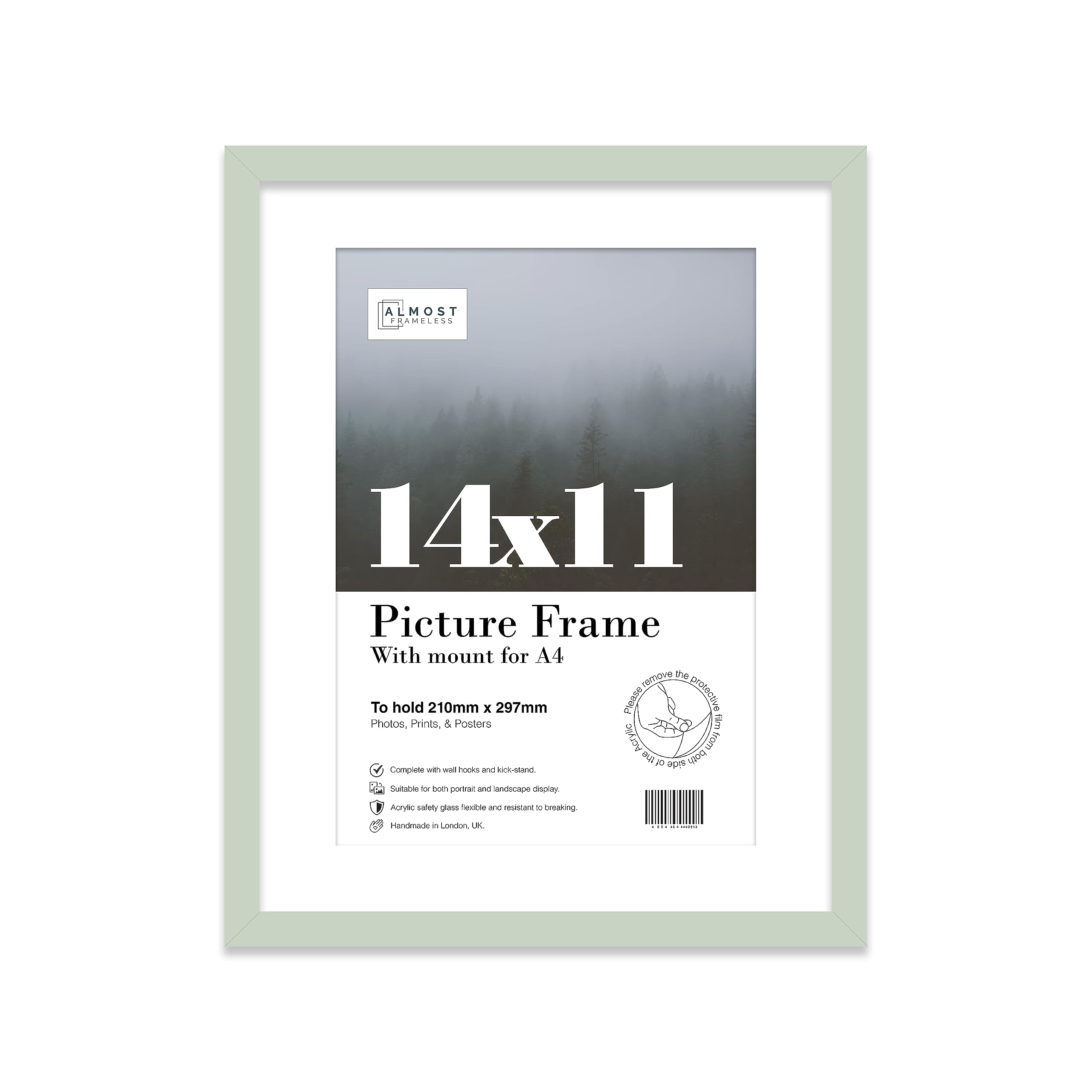 Almost Frameless 14x11 Mint Picture Frame With Mount for A4 Print, Poster or Photo Poster, Photo, Artwork, or Print. Thin Edge Slim Frame Portrait and Landscape Display with Wall Hooks — image 1