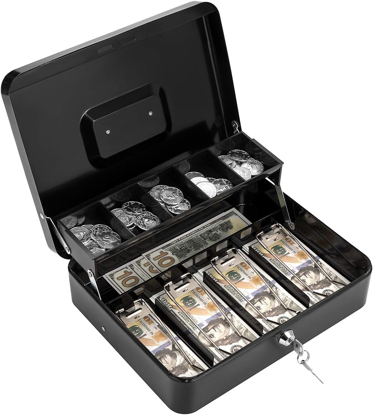 Cash Box with Key Lock, Steel Money Box with Coin Tray, Black | 5 Bill Compartments, 4 Coin Slots, Removable Tray, Secure Key Lock, Metal Construction-image-31