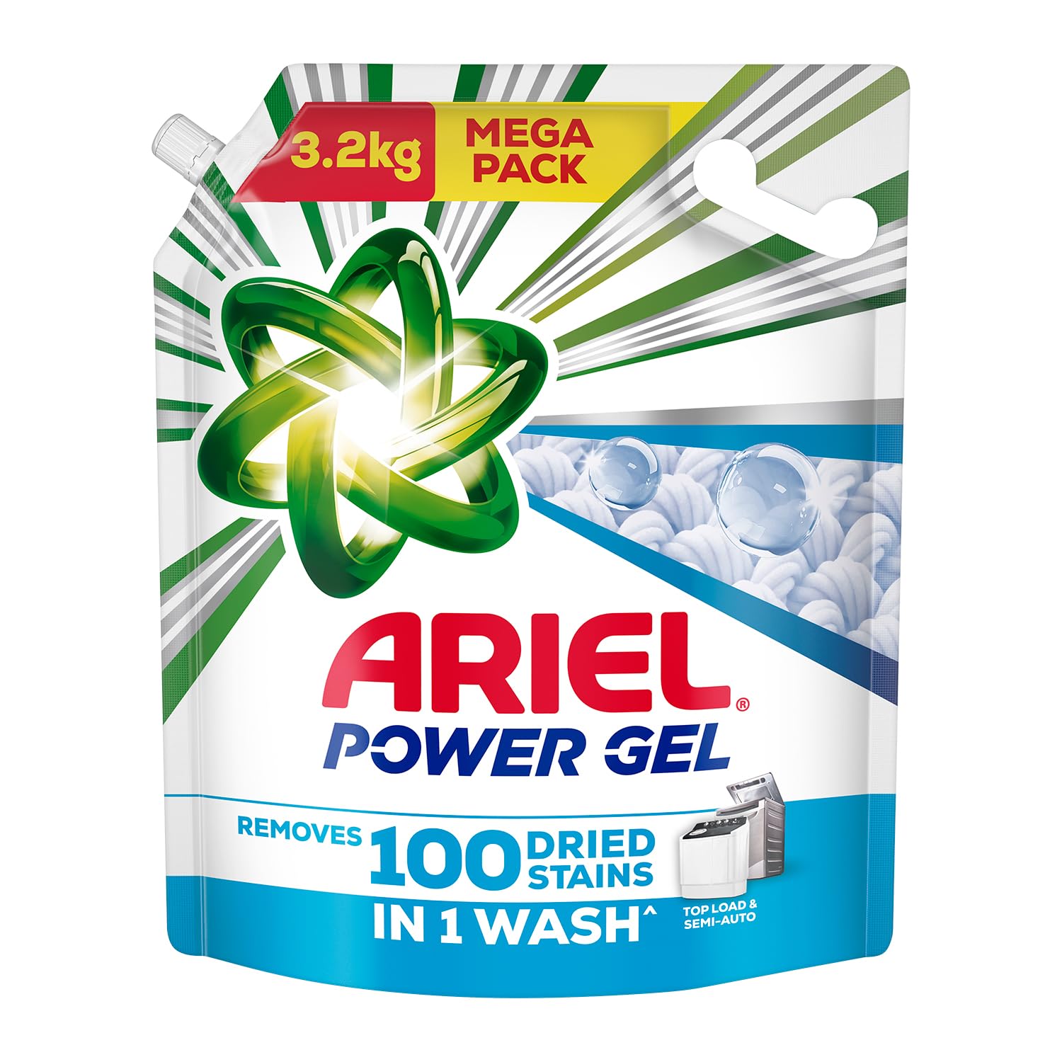 Ariel Power Gel Liquid Detergent for Top Load & Semi Auto – 3.2kg | Removes 100 Dried Stains in 1 Wash | Faster Dissolving | Long-Lasting Fragrance | Color Protection | At the price of Powders