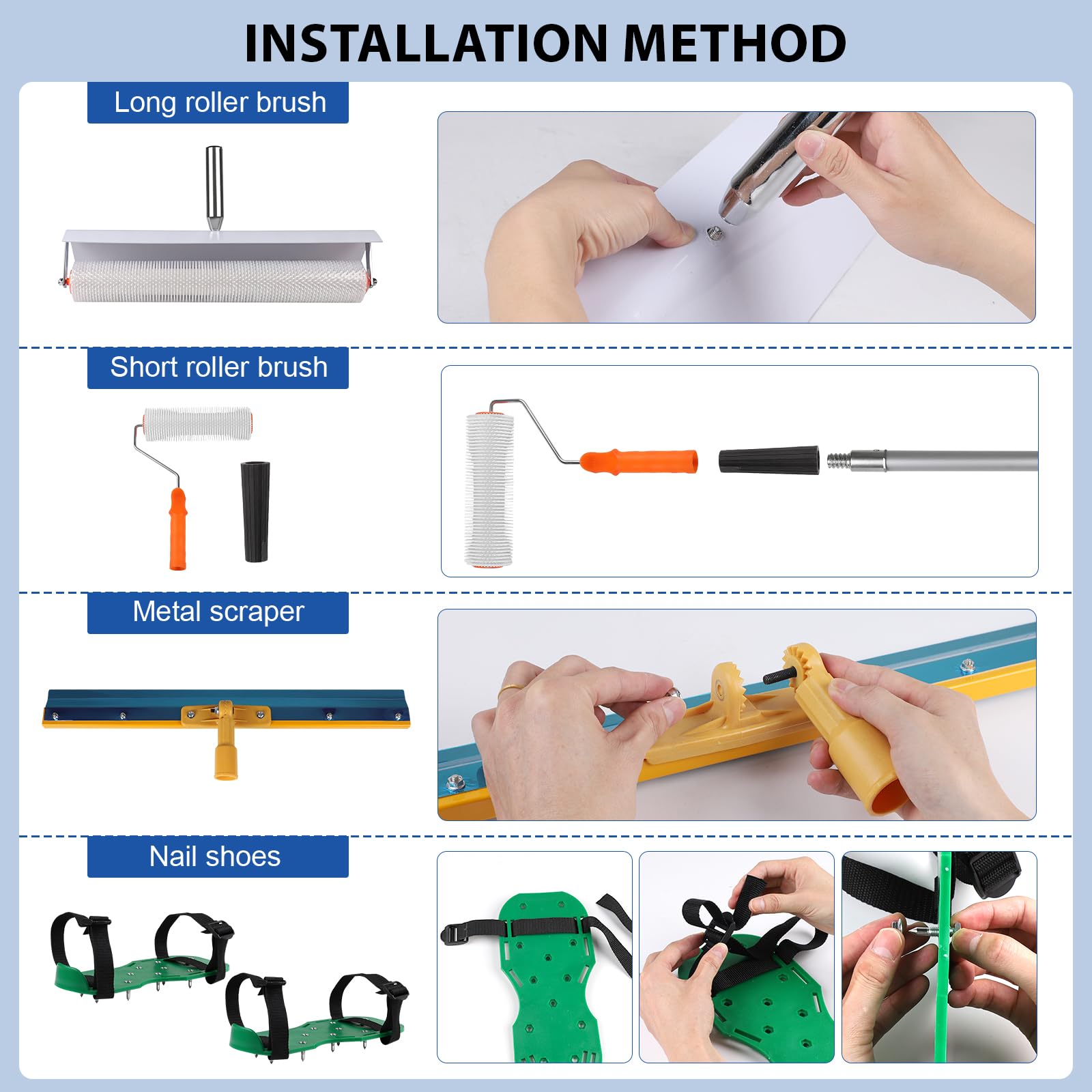 EXLECO 11er Bodenbeschichtung Set mit Spritzschutz - 50CM Stachelwalze, 23CM Entlüftungsroller, Doppelseitiger Stehrakel, Großflächenrakel für Ausgleichsmasse, Nagelschuhe, Handschuhe, Steckbügel