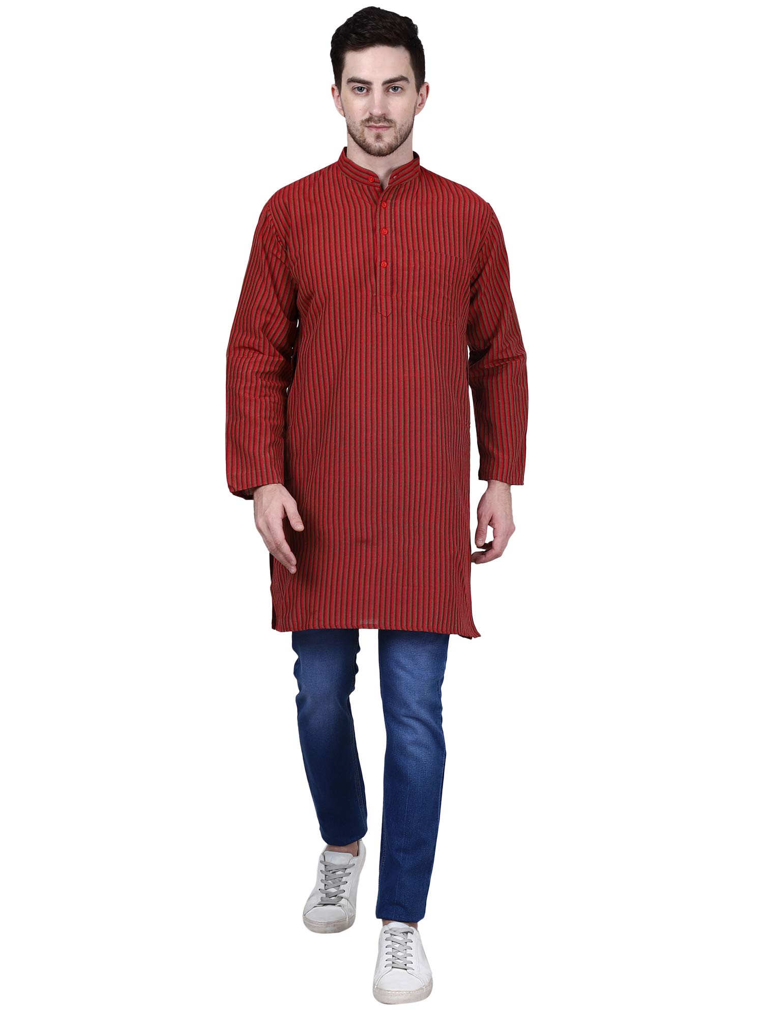 BIBO Handloom Khadi Cotton Traditional Men's Full Sleeve Long Kurta with Stripes Design Regular Fit and Round Collar