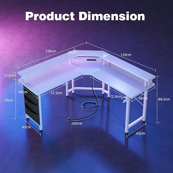 CAIYUN Computer Desk with Power Outlets & LED Strip,50.8