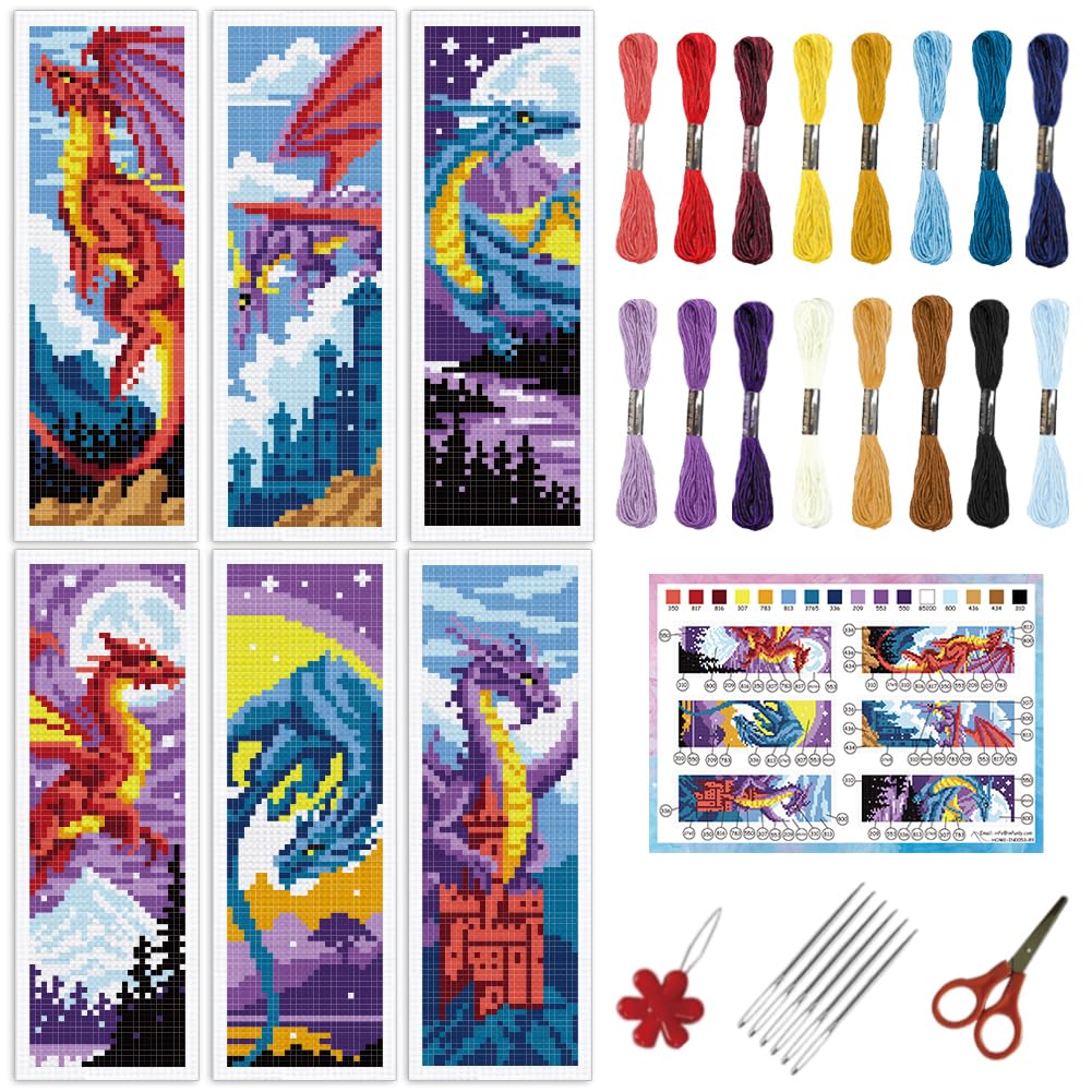 INFUNLY 6pcs Dinosaur Cross Stitch Bookmark Kits for Adults Beginner Pterosaur Scenery Stamped Embroidery Bookmark Kit with Instruction Dragon Printed DIY Embroidery Bookmarks Set for Book Lovers Gift