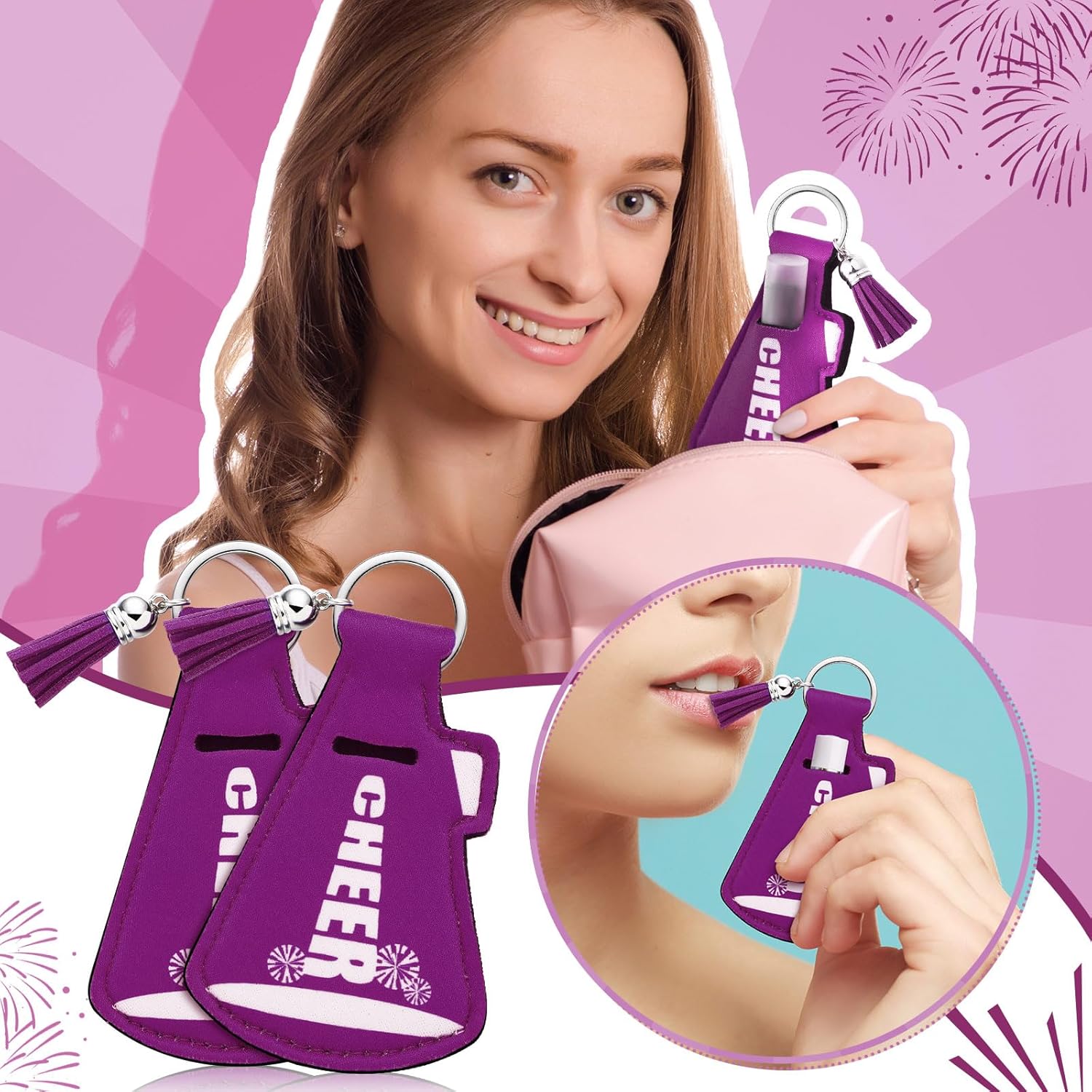 20 Pcs Cheer Gifts Bulk Cheerleader Team Gift Lip Balm Holder with Tassel Keychains Set for Valentines Team Gift - Image 4