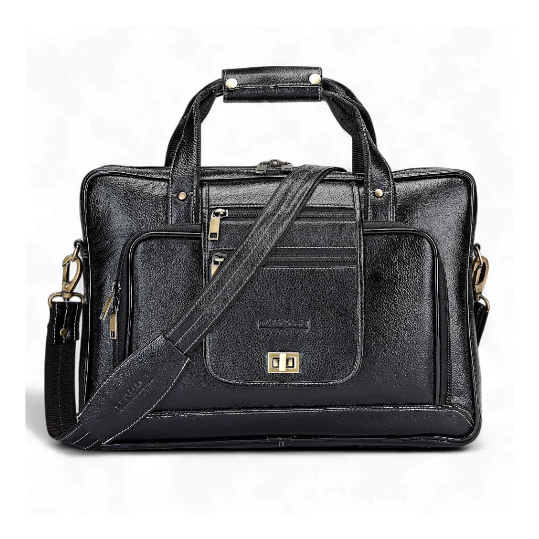 MISTERCRAFT Genuine Leather Laptop Bag for Men in Black Color |12L Capacity | Front Buckle | Fits Laptop up to 15.6 Inches | Use for Office with Padded Sleeve, Multiple Compartments & Adjustable Strap