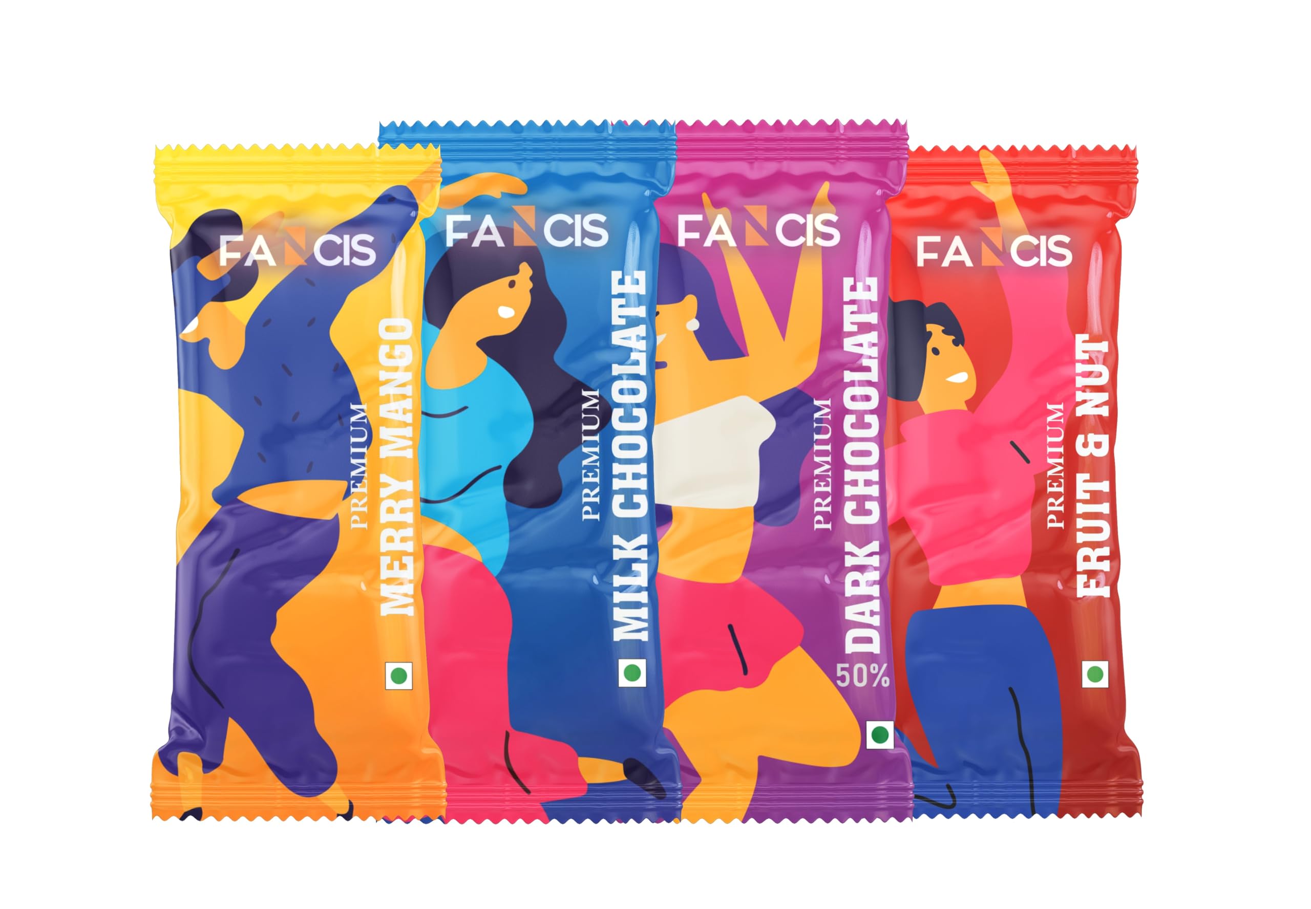 Fancis Chocolates | Pack of 4 | 180gm (Merry Mango, Milk Chocolate, Dark Chocolate, Fruit&Nuts)