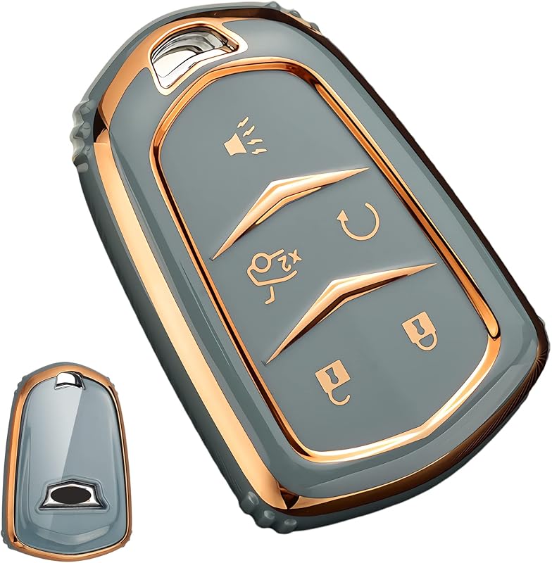 Capa para Chave Presencial Cadillac em TPU Macio com Proteção Integral e Detalhe Dourado, Cinza
