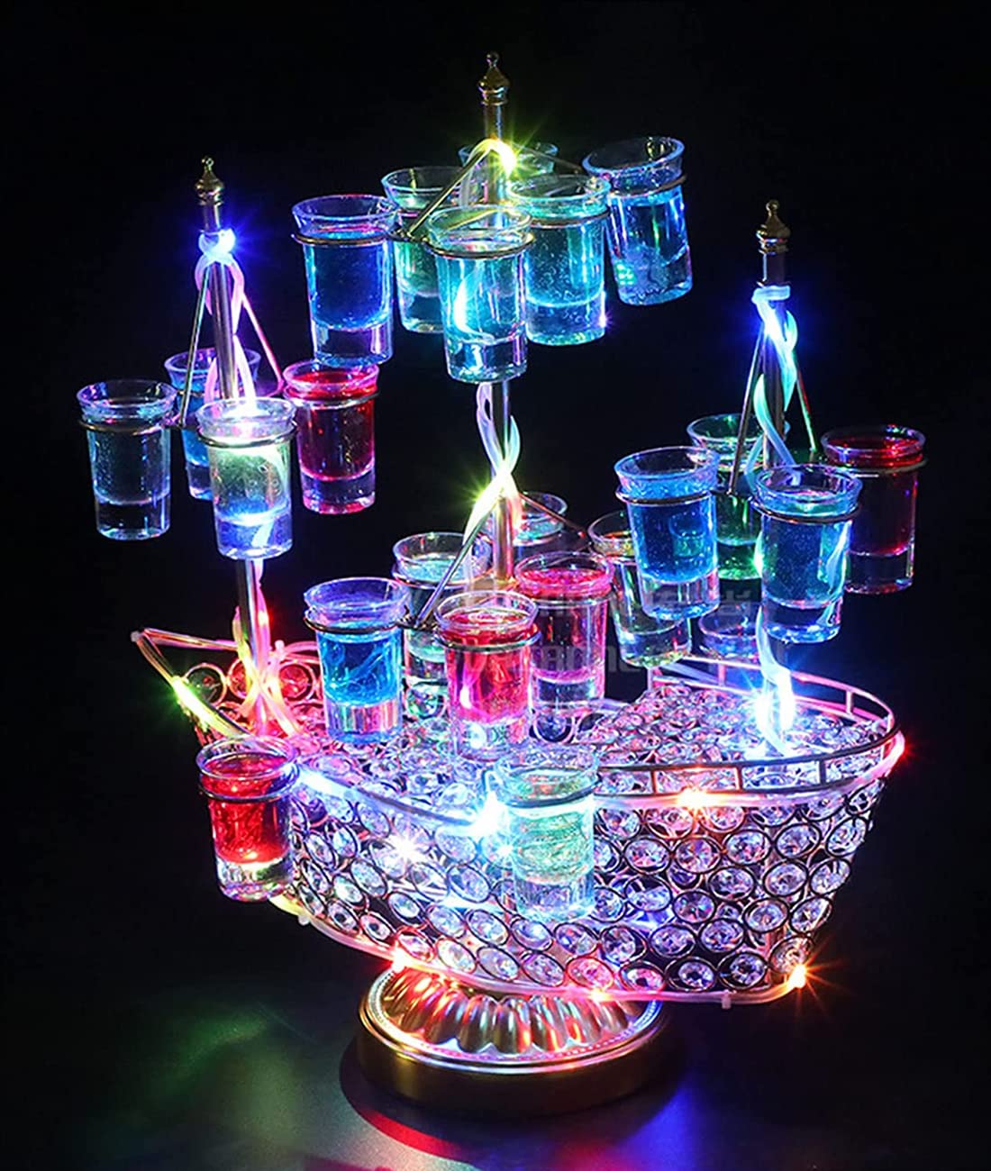 Qulable Bar Accessory Decor, LED Light Up Shot Glass Display Holder, 24 Holes Pirate Ship(No Shot Glasses)