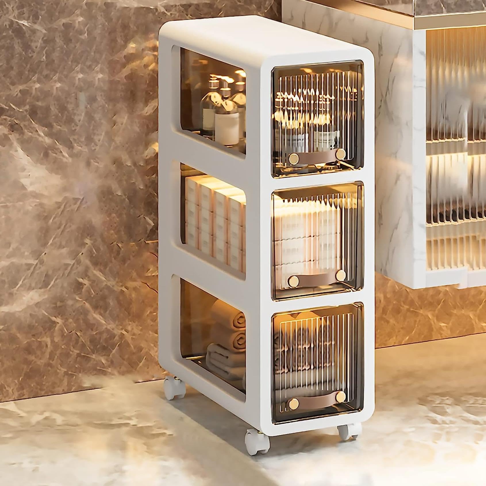 Armadietto da bagno stretto a 5 ripiani con cassetto grande capacità e rotelle, salvaspazio, autoportante, per piccoli spazi e spazi vuoti