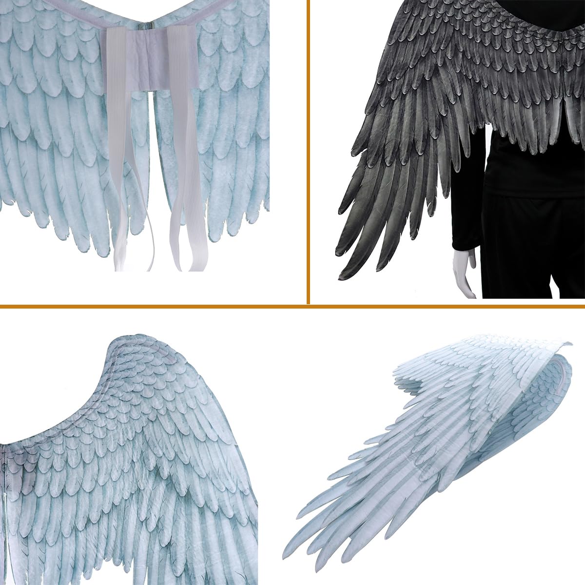 Costume d'ailes d'ange grandes ailes d'ange pour Halloween, accessoires de cosplay, ailes en plumes noires et blanches avec sangles élastiques