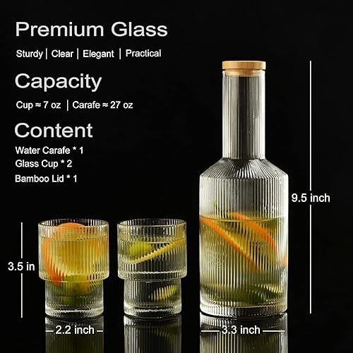 Miniatura 2 de ALINK Jarra de agua de cristal de 271fl oz con tapa y vasos de cristal cristalería acanalada para mesita de noche jarra de agua de 27 onzas