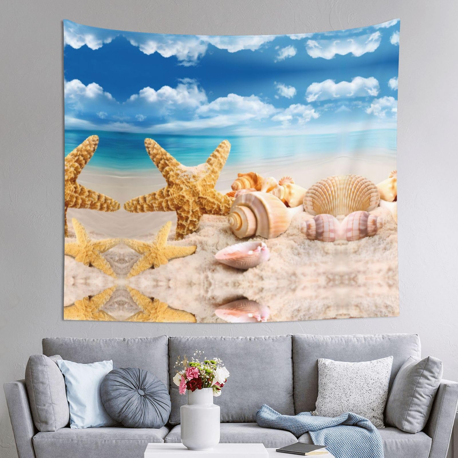 HLSBSSL 60x51in Starfish Seashell Ocean Beach Printed Tapestry Tablecloth for Dormitory and Picnic Rooms - Multifunctional Fabric Hanging