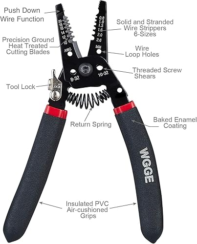 Miniatura 5 de WGGE WG-013 Pelacables y cortador de 7 pulgadas, cortes, tiras de alambre y bucles 10-20 AWG sólido y (0.031-0.102 in) trenzado