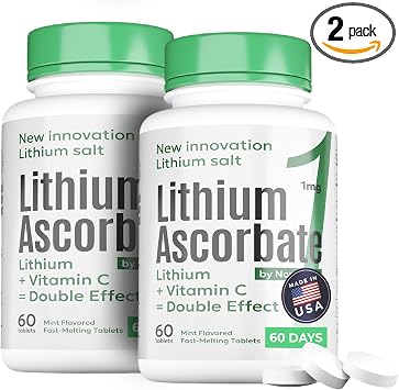 Lithium Ascorbate 1mg with Vitamin C Brain Supplement for Focus, Memory, Mood & Stress Support Cognitive Enhancer 60 Tablets + Bonus Lithium Orotate 120 Tablets