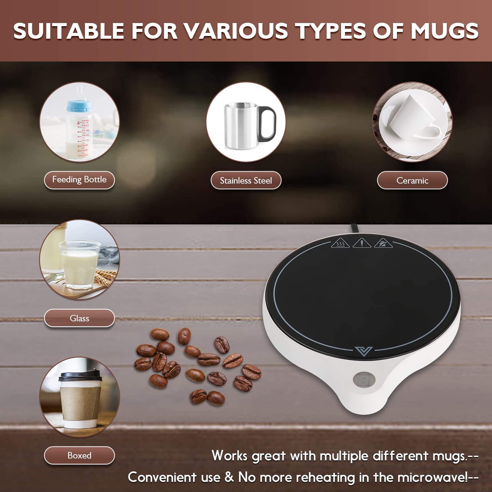 Calentador de taza de café para escritorio (hasta 222 °F), 5 niveles de temperatura y 8 horas de apagado automático calentador de taza para calentar y calentar café, etc. (sin taza) (RD01, blanco)